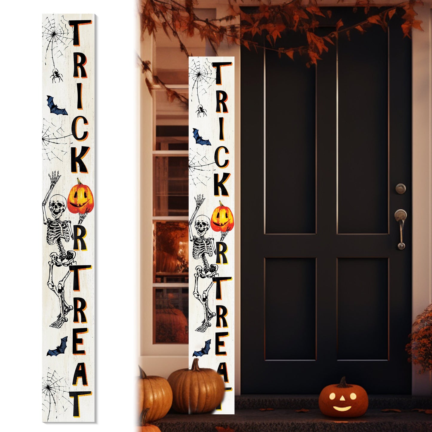72-Inch Wooden "Trick or Treat" Skeleton Welcome Sign - Spooky Front Door Decoration Rustic Halloween Accessory for Porch, Entryway