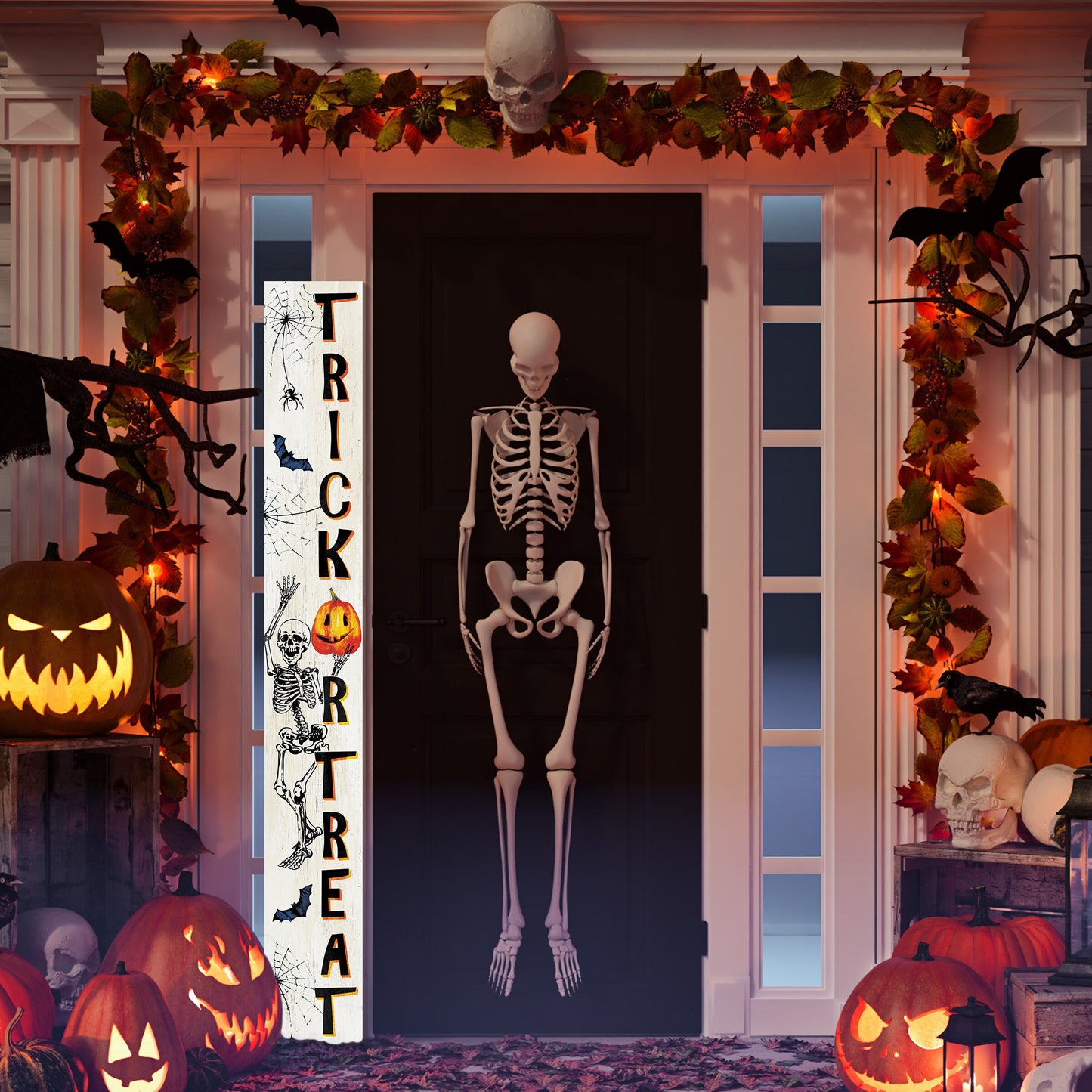 72-Inch Wooden "Trick or Treat" Skeleton Welcome Sign - Spooky Front Door Decoration Rustic Halloween Accessory for Porch, Entryway