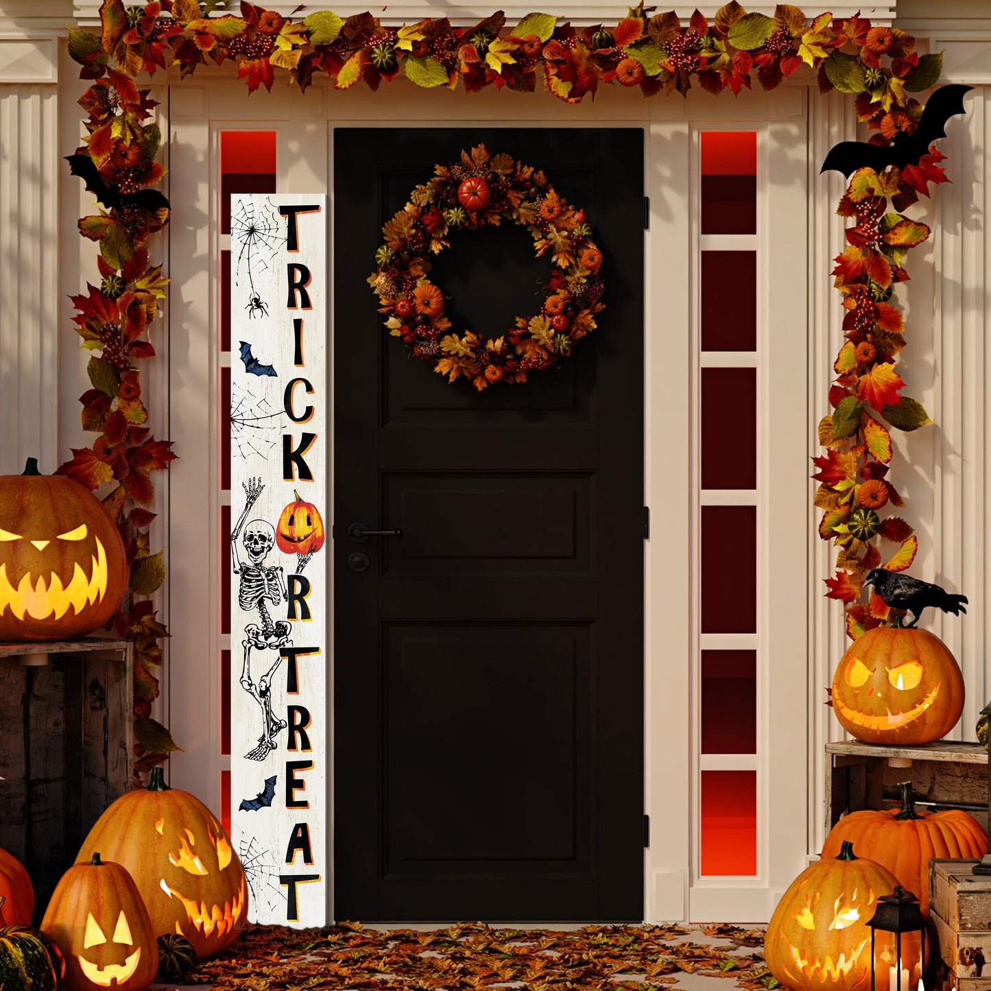 72-Inch Wooden "Trick or Treat" Skeleton Welcome Sign - Spooky Front Door Decoration Rustic Halloween Accessory for Porch, Entryway