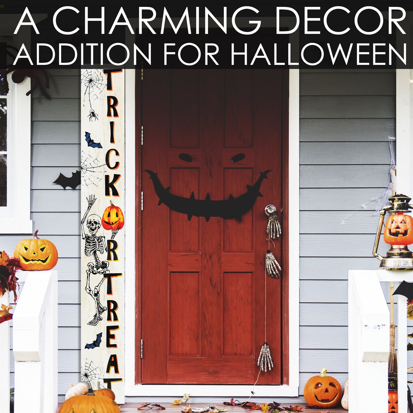 72-Inch Wooden "Trick or Treat" Skeleton Welcome Sign - Spooky Front Door Decoration Rustic Halloween Accessory for Porch, Entryway