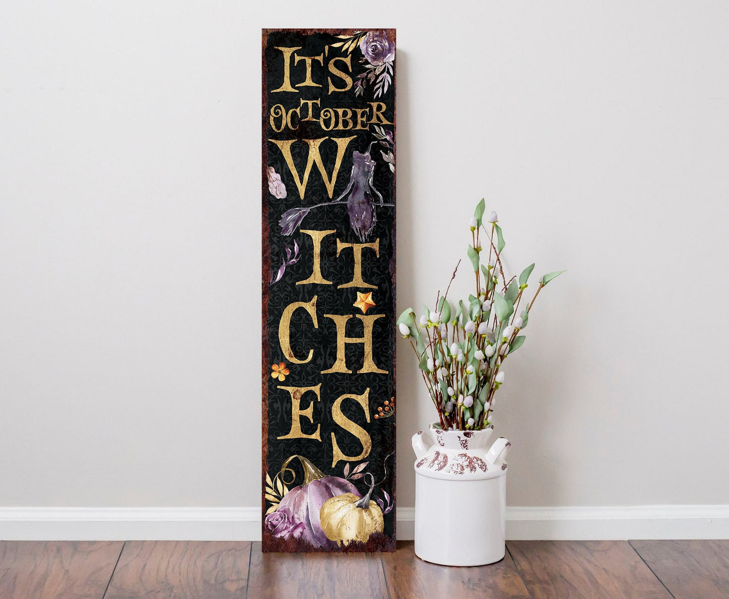36in "It's October Witches" Halloween Porch Sign - Front Porch Halloween Welcome Sign, Rustic Modern Farmhouse Entryway Decor