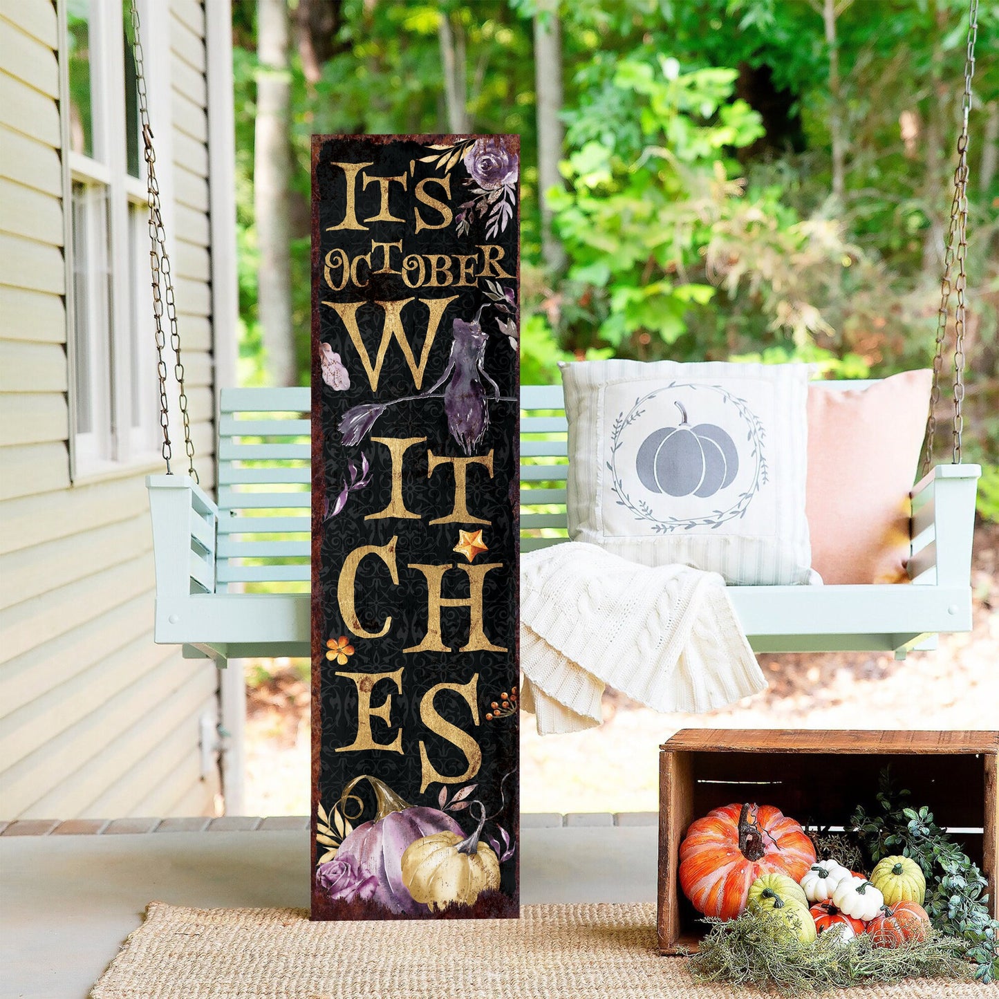 36in "It's October Witches" Halloween Porch Sign - Front Porch Halloween Welcome Sign, Rustic Modern Farmhouse Entryway Decor