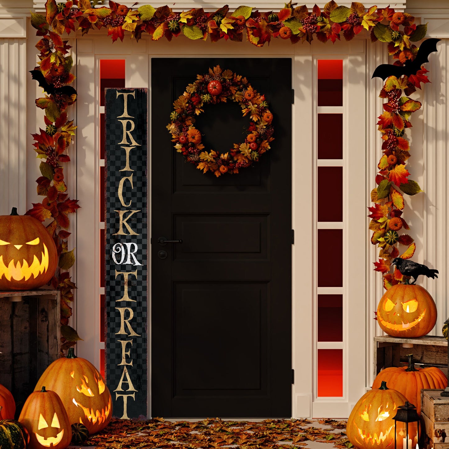 72in Trick or Treat Halloween Welcome Porch Sign Standing Front Door Decor Halloween Decoration Rustic Modern Farmhouse Entryway Board