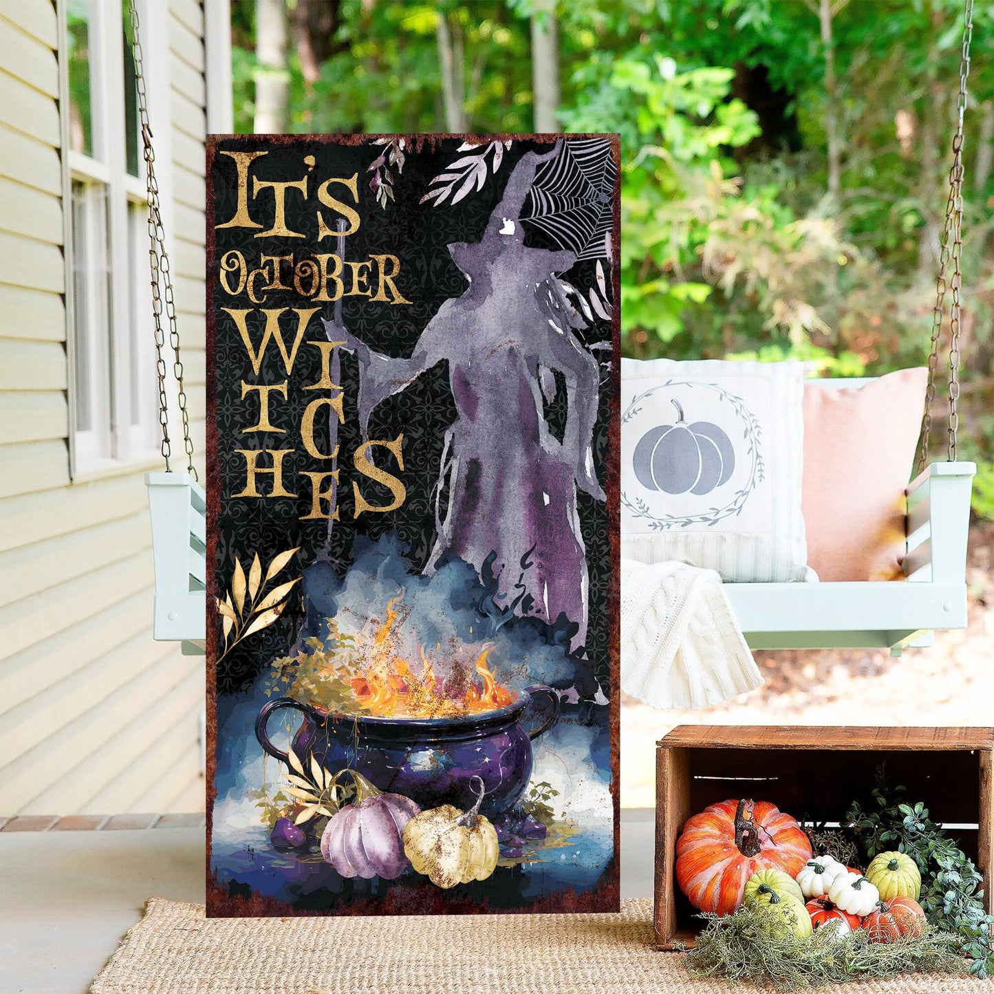 36in It's October Witches Halloween Porch Sign - Front Porch Halloween Welcome Sign, Rustic Modern Farmhouse Entryway Decor