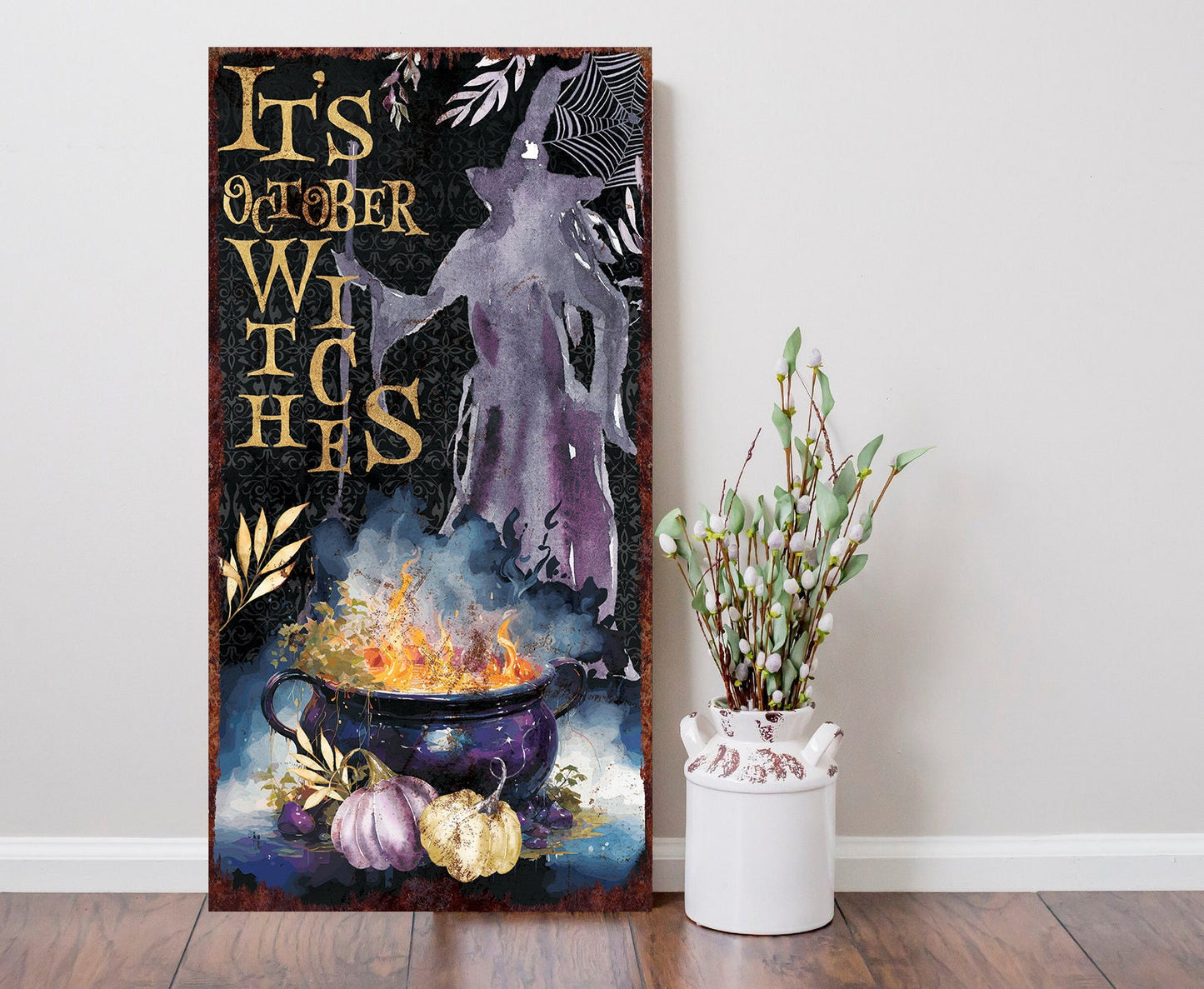 36in It's October Witches Halloween Porch Sign - Front Porch Halloween Welcome Sign, Rustic Modern Farmhouse Entryway Decor