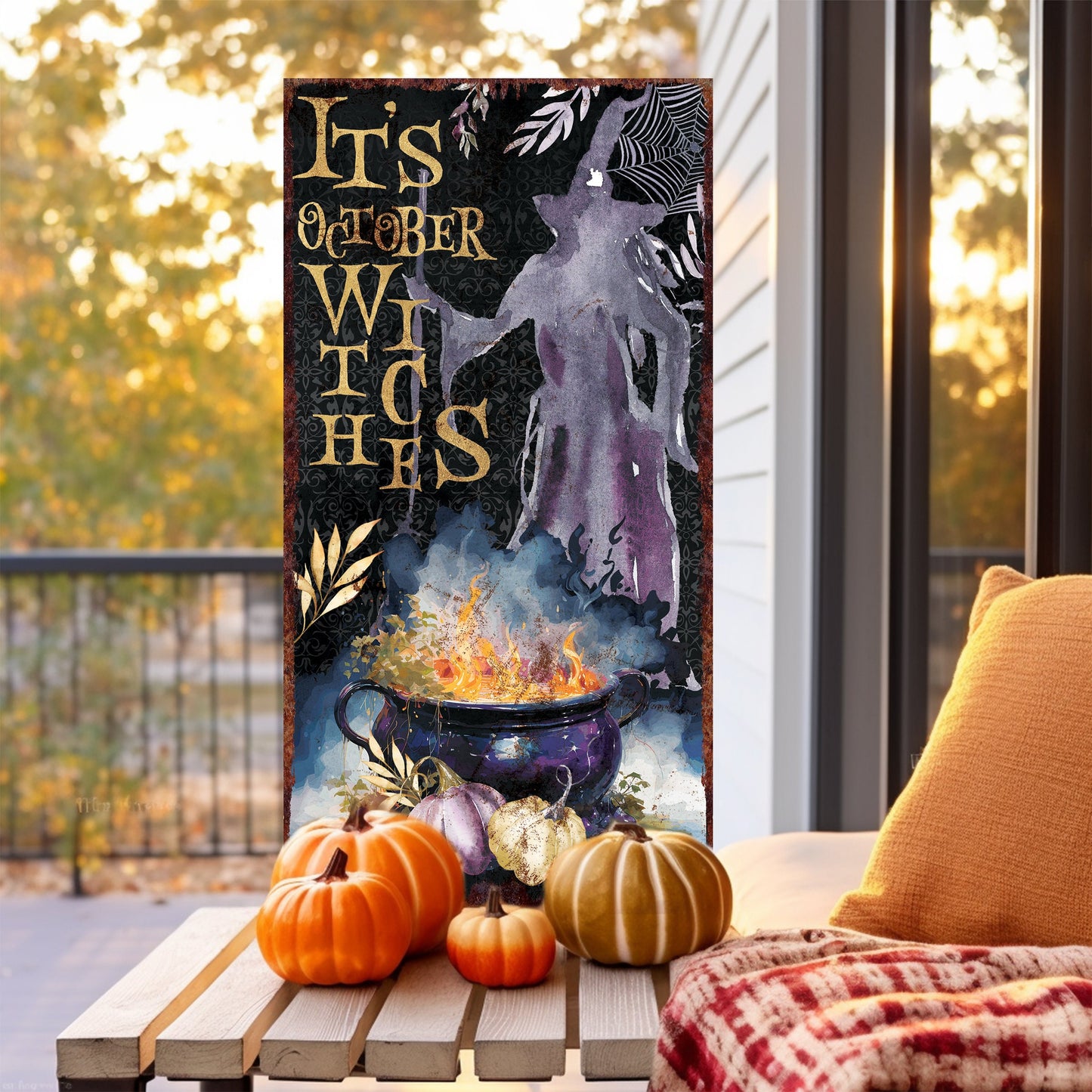 36in It's October Witches Halloween Porch Sign - Front Porch Halloween Welcome Sign, Rustic Modern Farmhouse Entryway Decor
