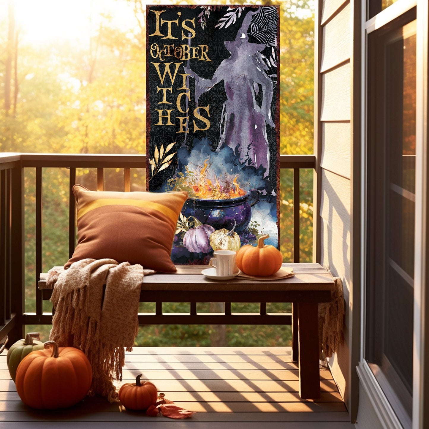 36in It's October Witches Halloween Porch Sign - Front Porch Halloween Welcome Sign, Rustic Modern Farmhouse Entryway Decor