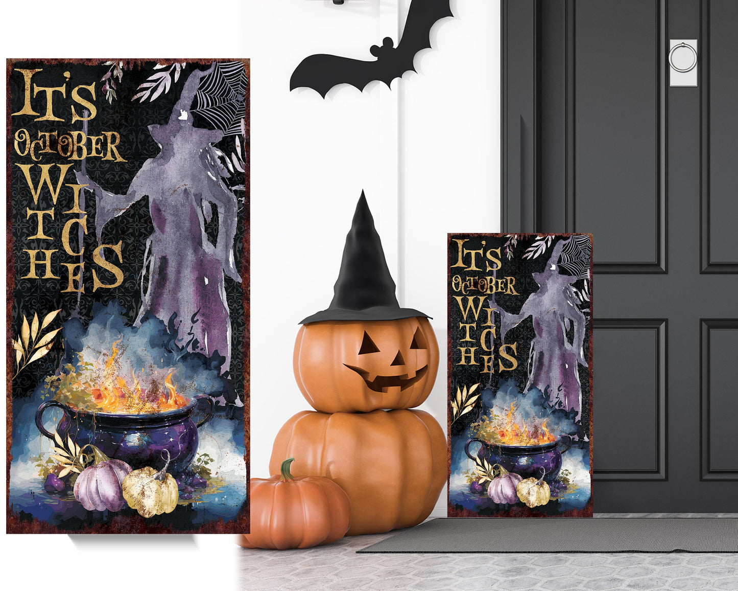 36in It's October Witches Halloween Porch Sign - Front Porch Halloween Welcome Sign, Rustic Modern Farmhouse Entryway Decor