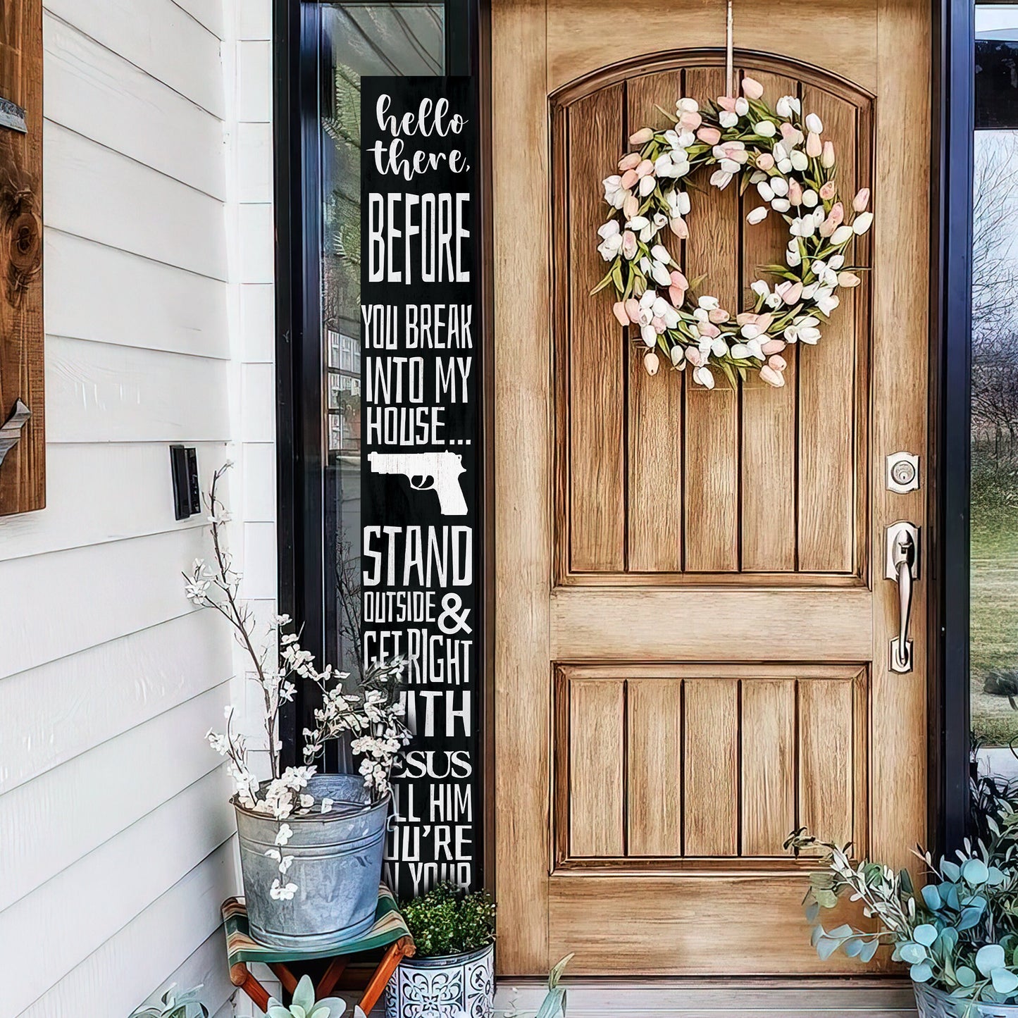 72in "Hello There, Get Right With Jesus" Porch Sign - Humorous Warning for Home Security, Wooden Folding Decor