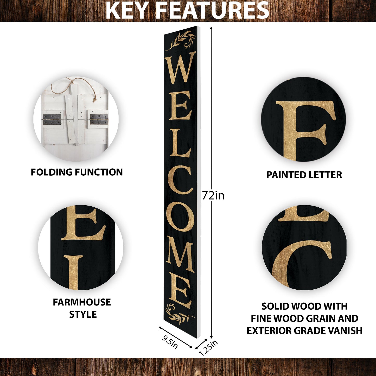 72in "Welcome" Porch Sign | Rustic Farmhouse Front Porch Decor | Black with Gold Font | Ideal for Entryway, Mantle, Living Room, Kitchen, Porch Decor