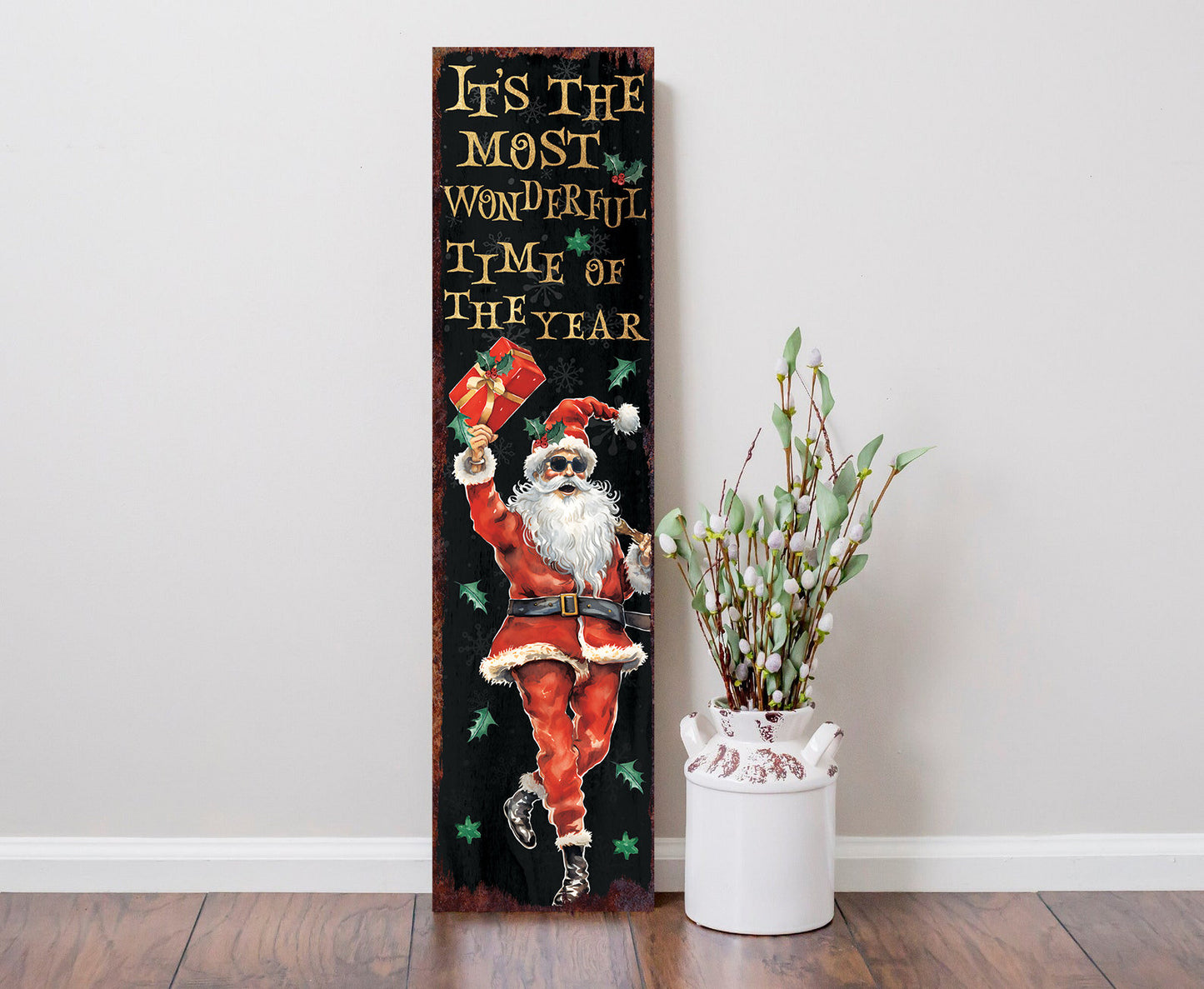 36in Dancing Santa Christmas Porch Sign - Front Porch Christmas Welcome Sign, Rustic Modern Farmhouse Entryway Board