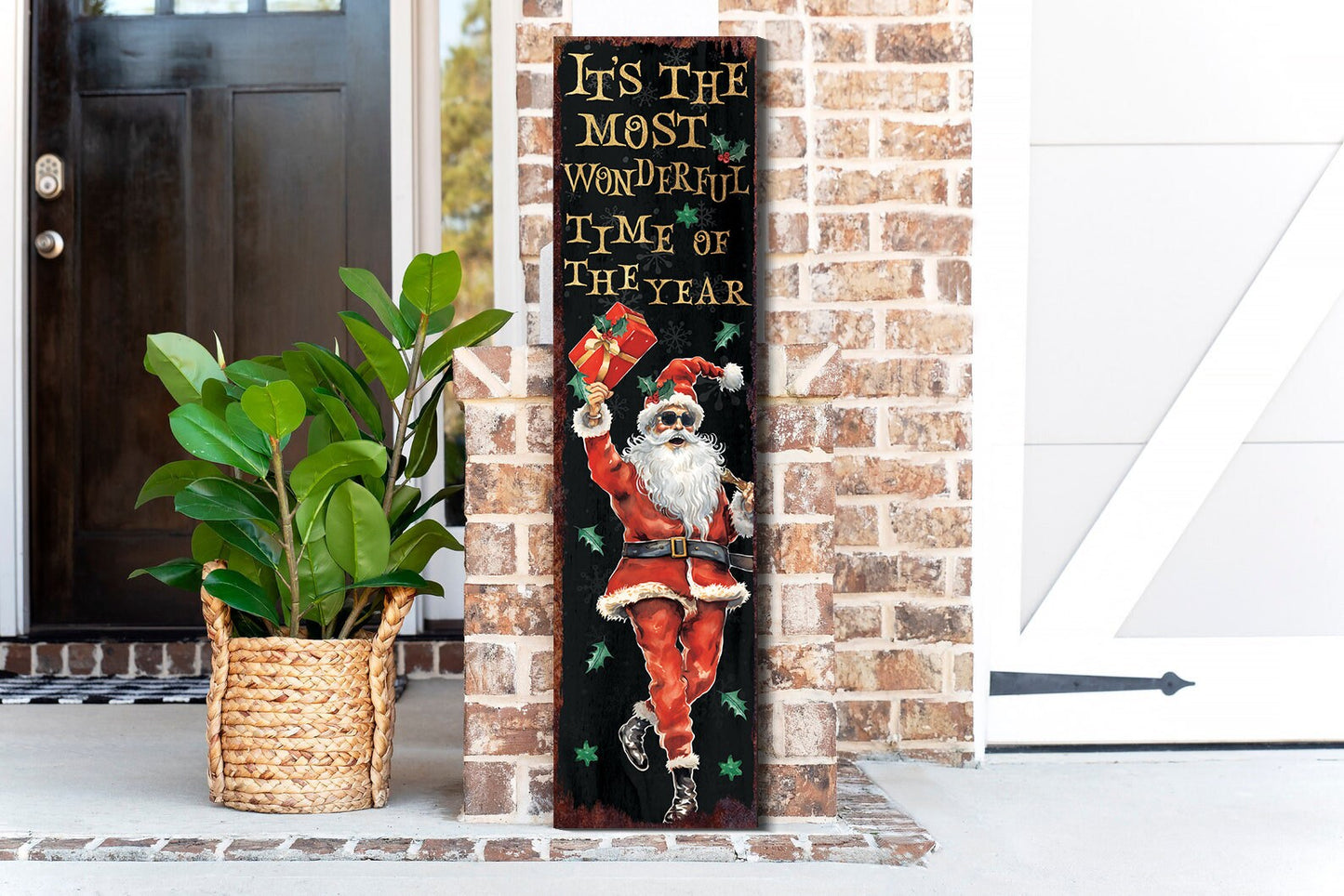 36in Dancing Santa Christmas Porch Sign - Front Porch Christmas Welcome Sign, Rustic Modern Farmhouse Entryway Board