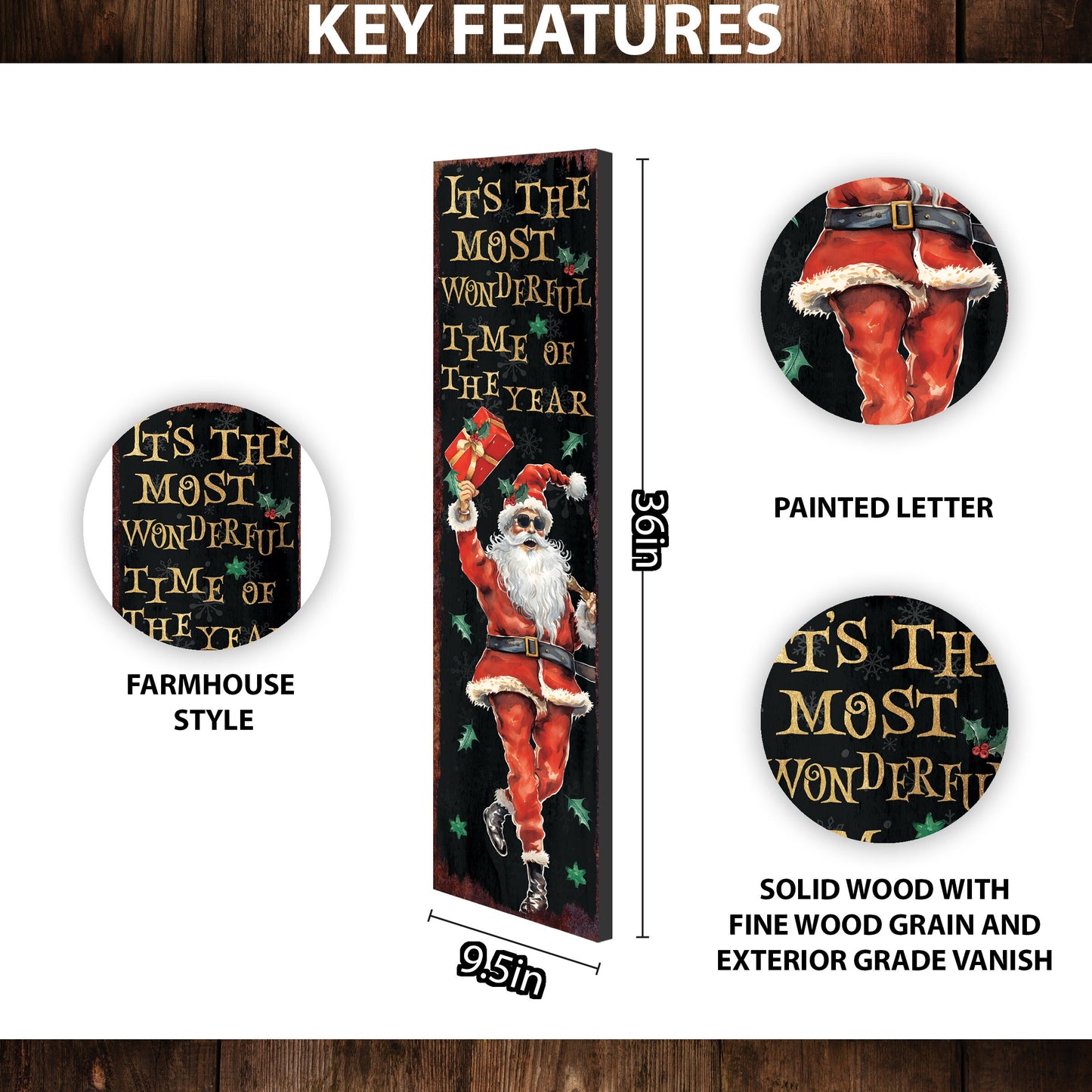 36in Dancing Santa Christmas Porch Sign - Front Porch Christmas Welcome Sign, Rustic Modern Farmhouse Entryway Board