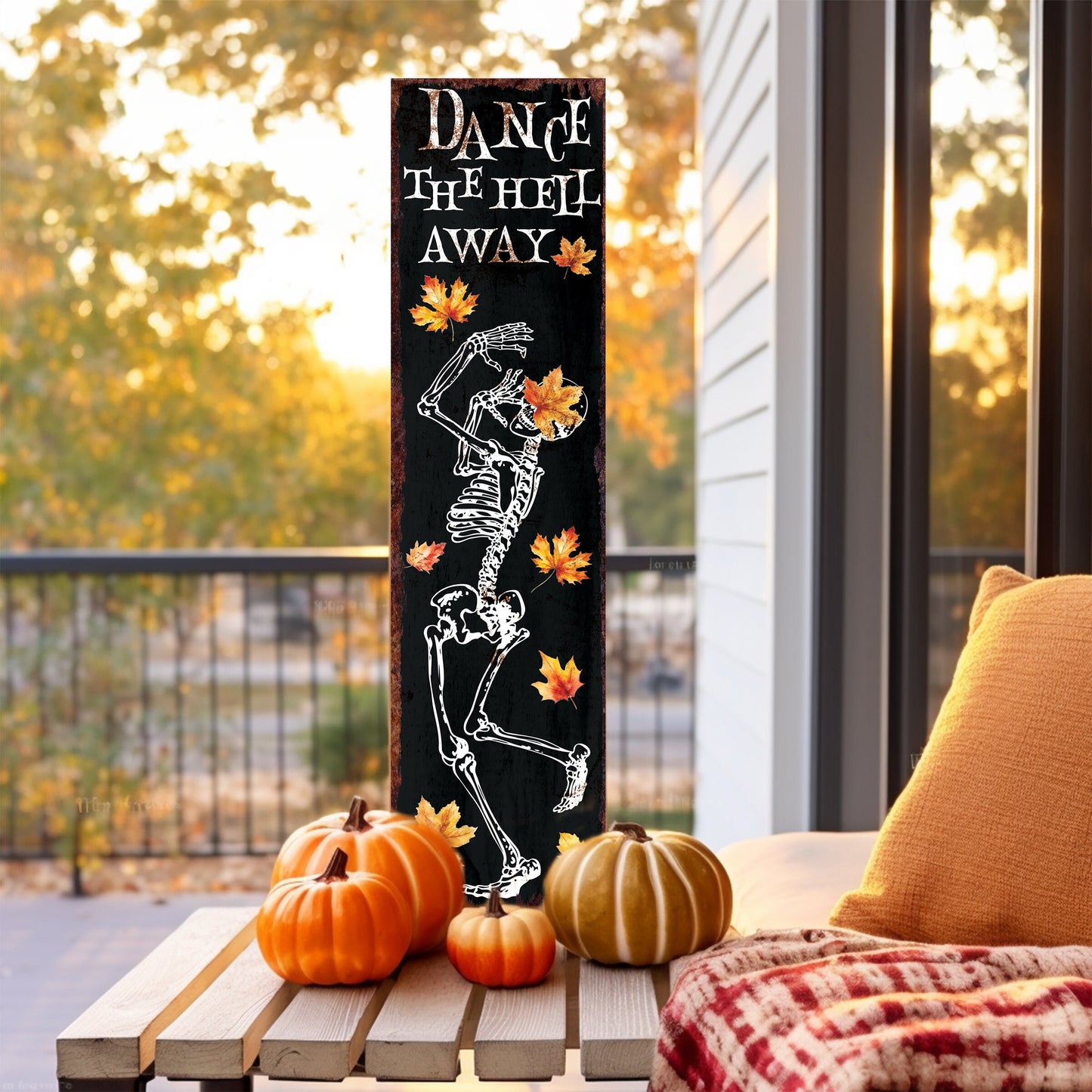 36in Dancing Skeleton Halloween Porch Sign | Front Porch Welcome Sign | Rustic Modern Farmhouse Entryway Decor