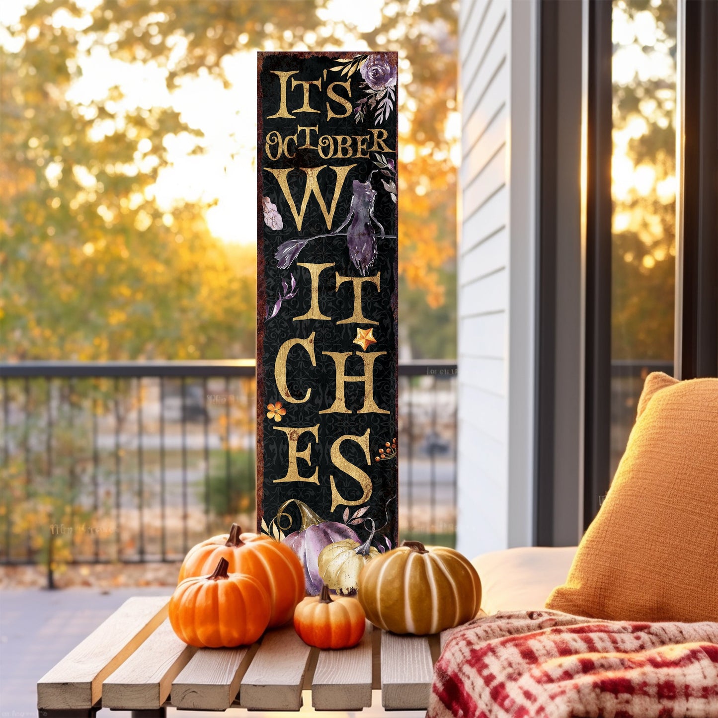 36in "It's October Witches" Halloween Porch Sign - Front Porch Halloween Welcome Sign, Rustic Modern Farmhouse Entryway Decor