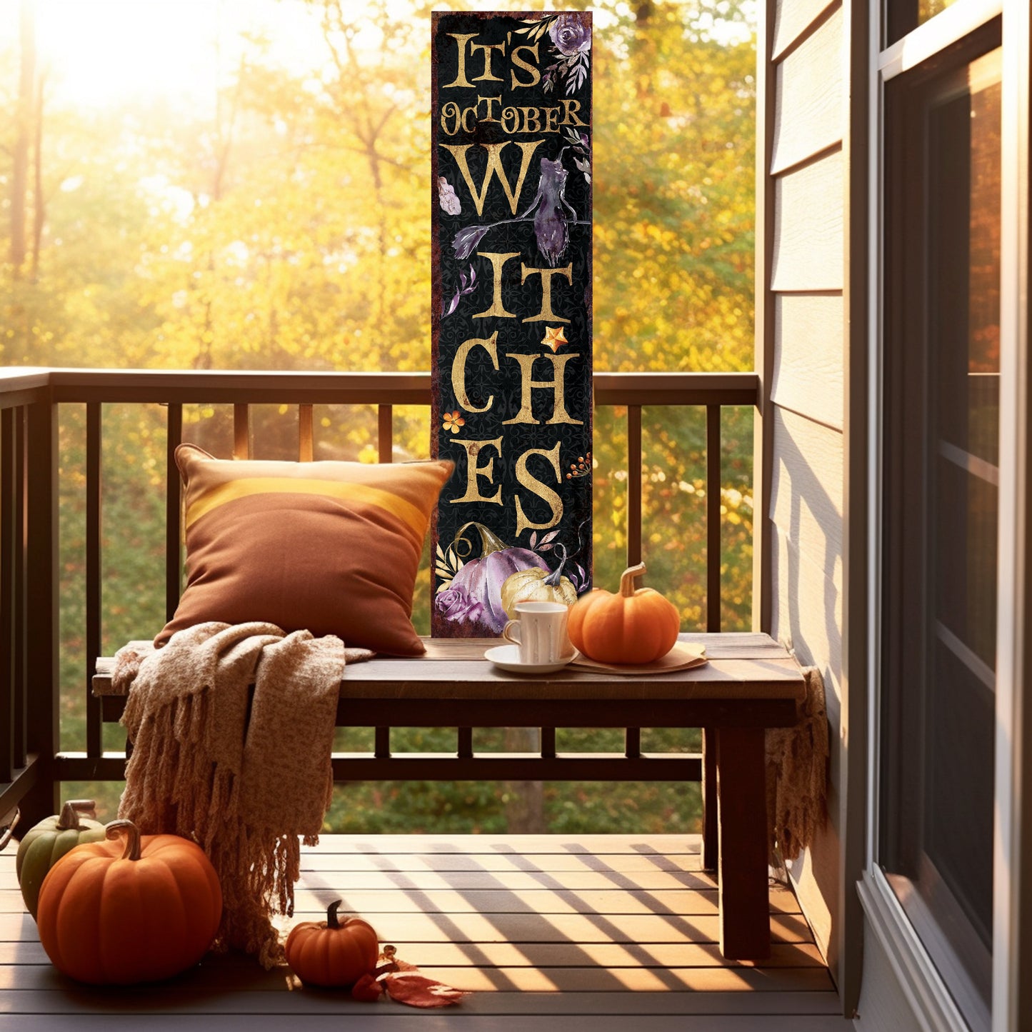 36in "It's October Witches" Halloween Porch Sign - Front Porch Halloween Welcome Sign, Rustic Modern Farmhouse Entryway Decor
