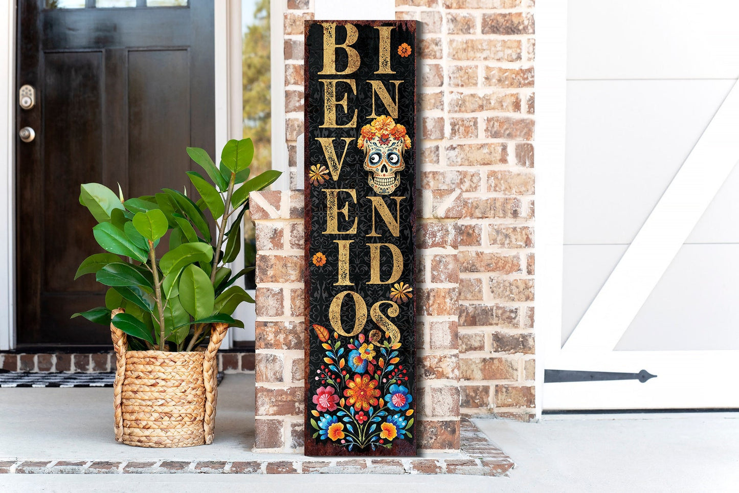 36in 'Bienvenidos' Sugar Skull Porch Sign - Dia De Los Muertos Porch Sign, Rustic Modern Farmhouse Entryway Decor