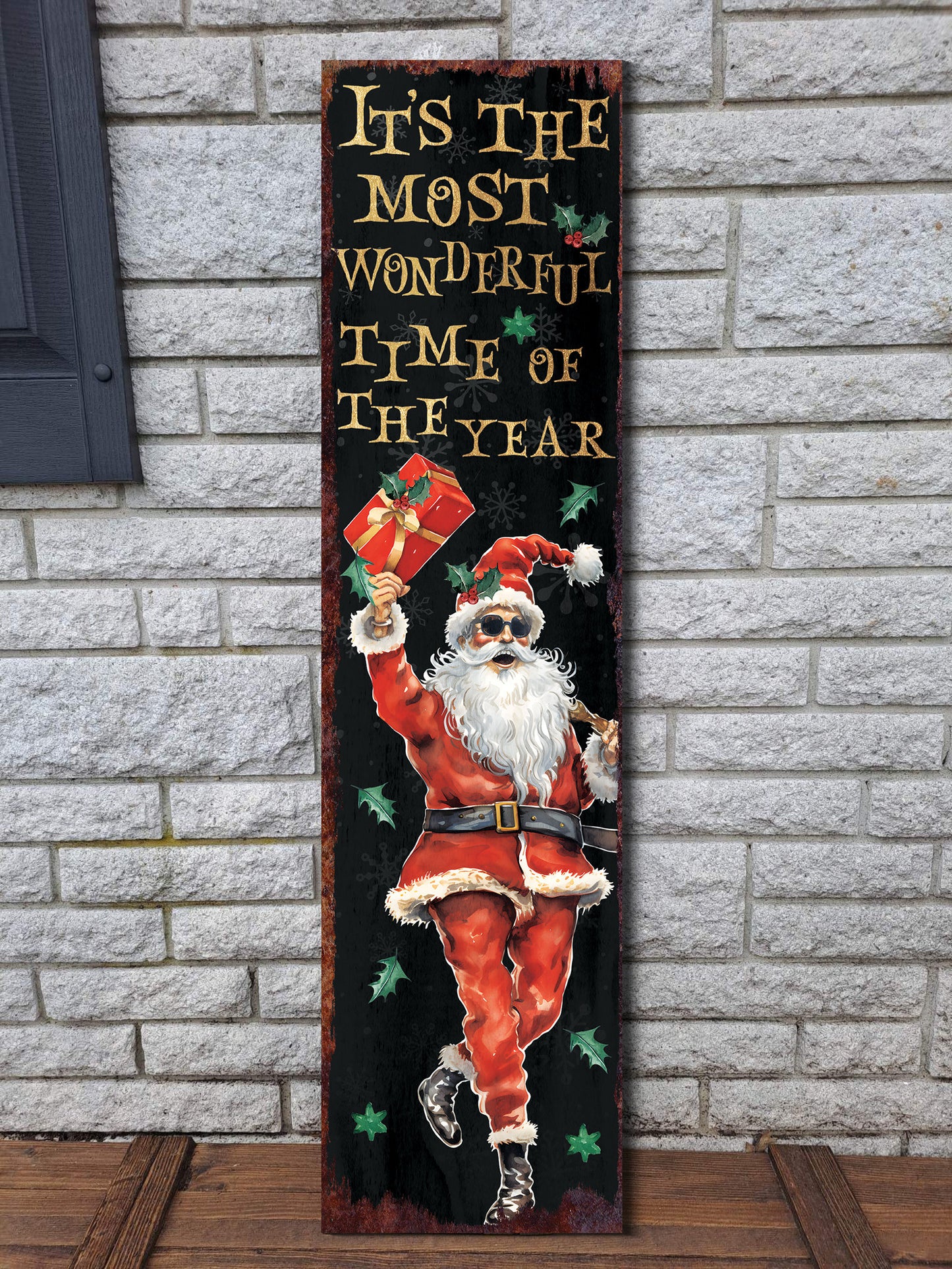 36in Dancing Santa Christmas Porch Sign - Front Porch Christmas Welcome Sign, Rustic Modern Farmhouse Entryway Board