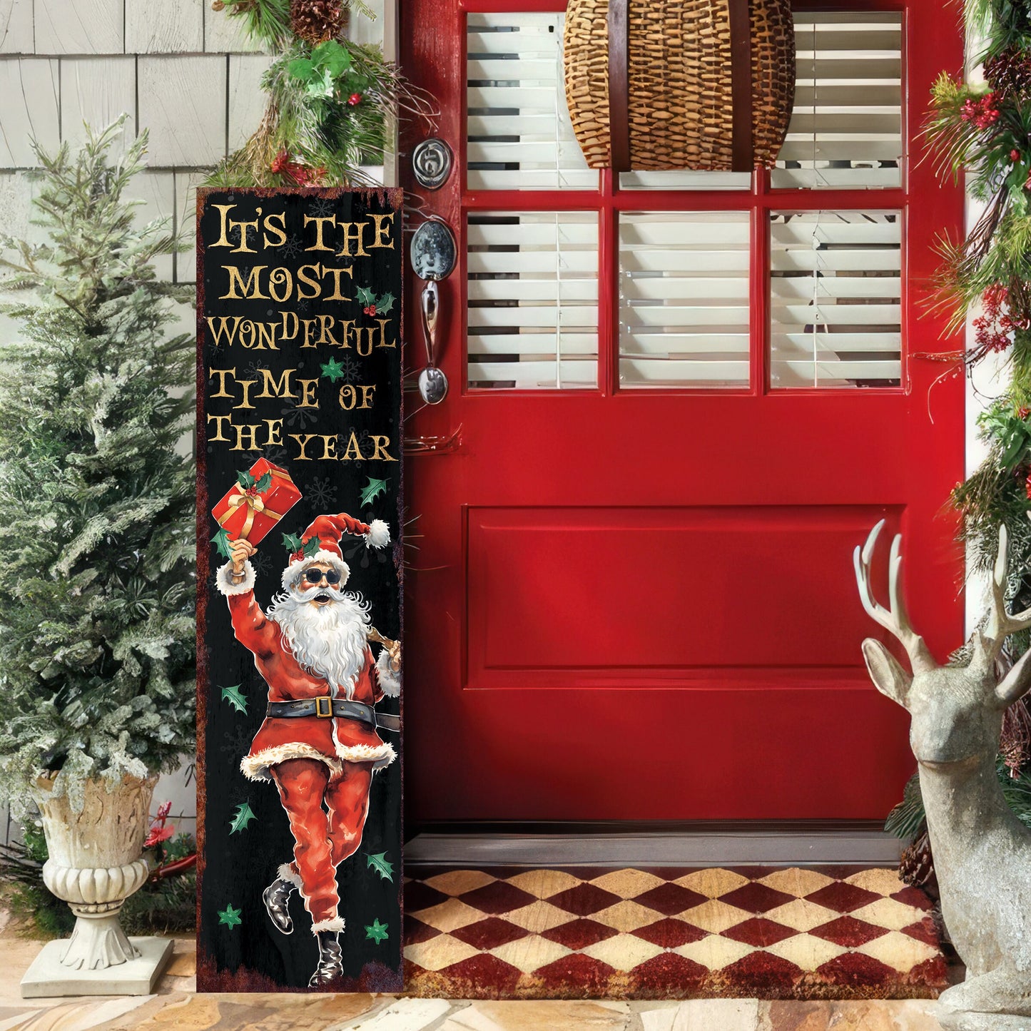 36in Dancing Santa Christmas Porch Sign - Front Porch Christmas Welcome Sign, Rustic Modern Farmhouse Entryway Board