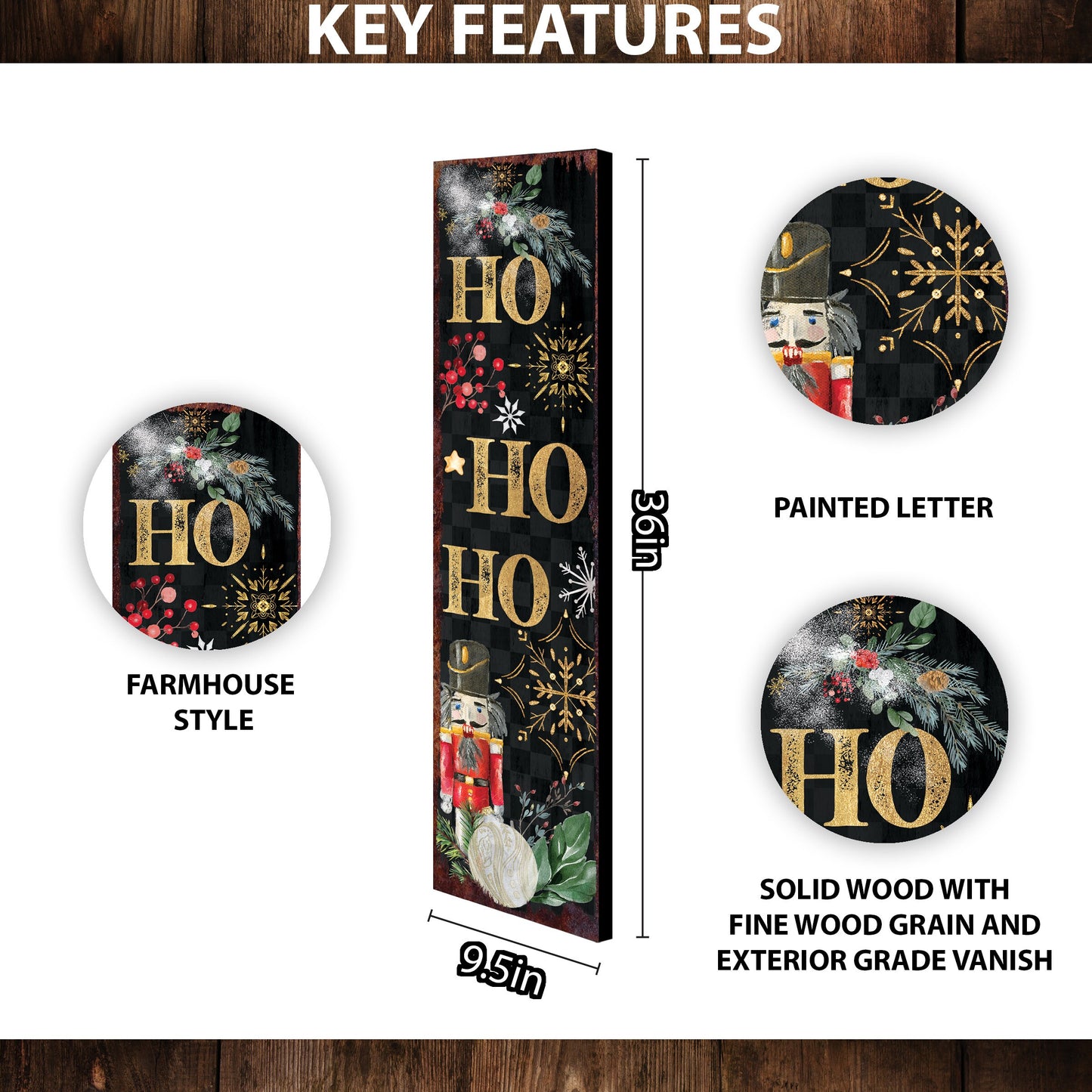 36in Ho Ho Ho Christmas Porch Sign - Front Porch Christmas Sign, Rustic Modern Farmhouse Entryway Board