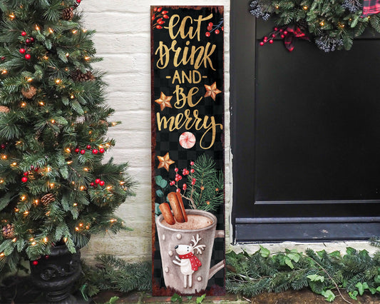 Eat Drink & Be Merry Christmas Porch Sign | Farmhouse Welcome Holiday Decor Gift