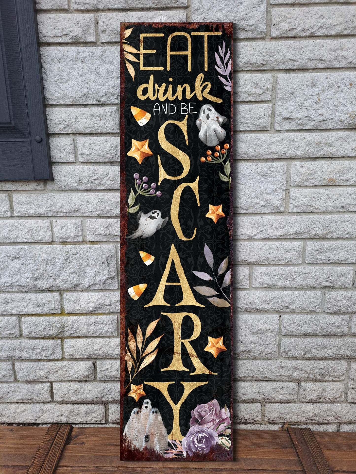 36in Eat, Drink, and Be Scary Halloween Porch Sign - Front Porch Halloween Welcome Sign, Rustic Modern Farmhouse Entryway Board