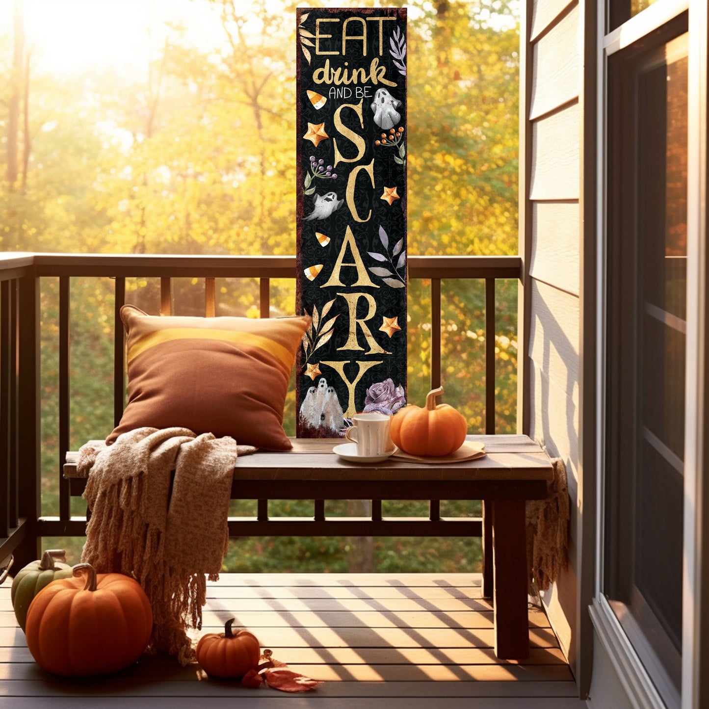 36in Eat, Drink, and Be Scary Halloween Porch Sign - Front Porch Halloween Welcome Sign, Rustic Modern Farmhouse Entryway Board
