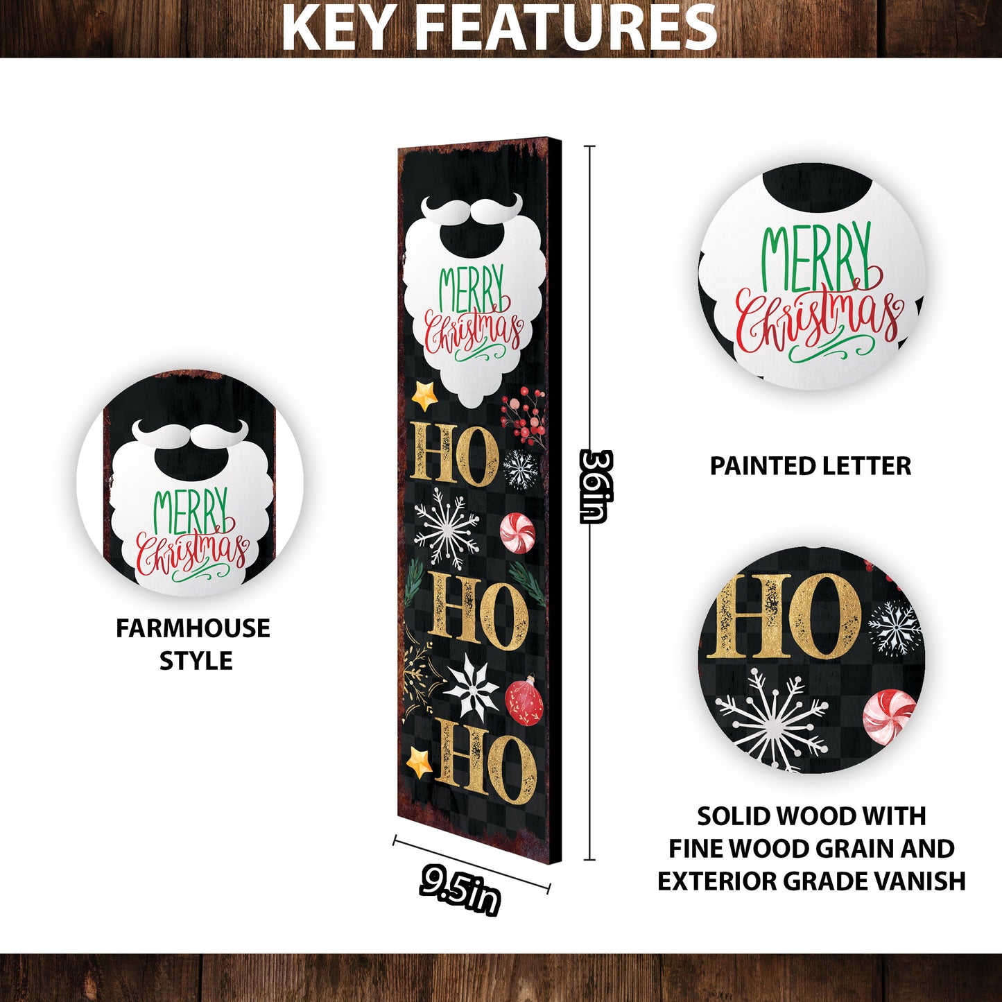 36-inch Ho Ho Ho Christmas Porch Sign - Front Porch Christmas Welcome Sign, Rustic Modern Farmhouse Entryway Board
