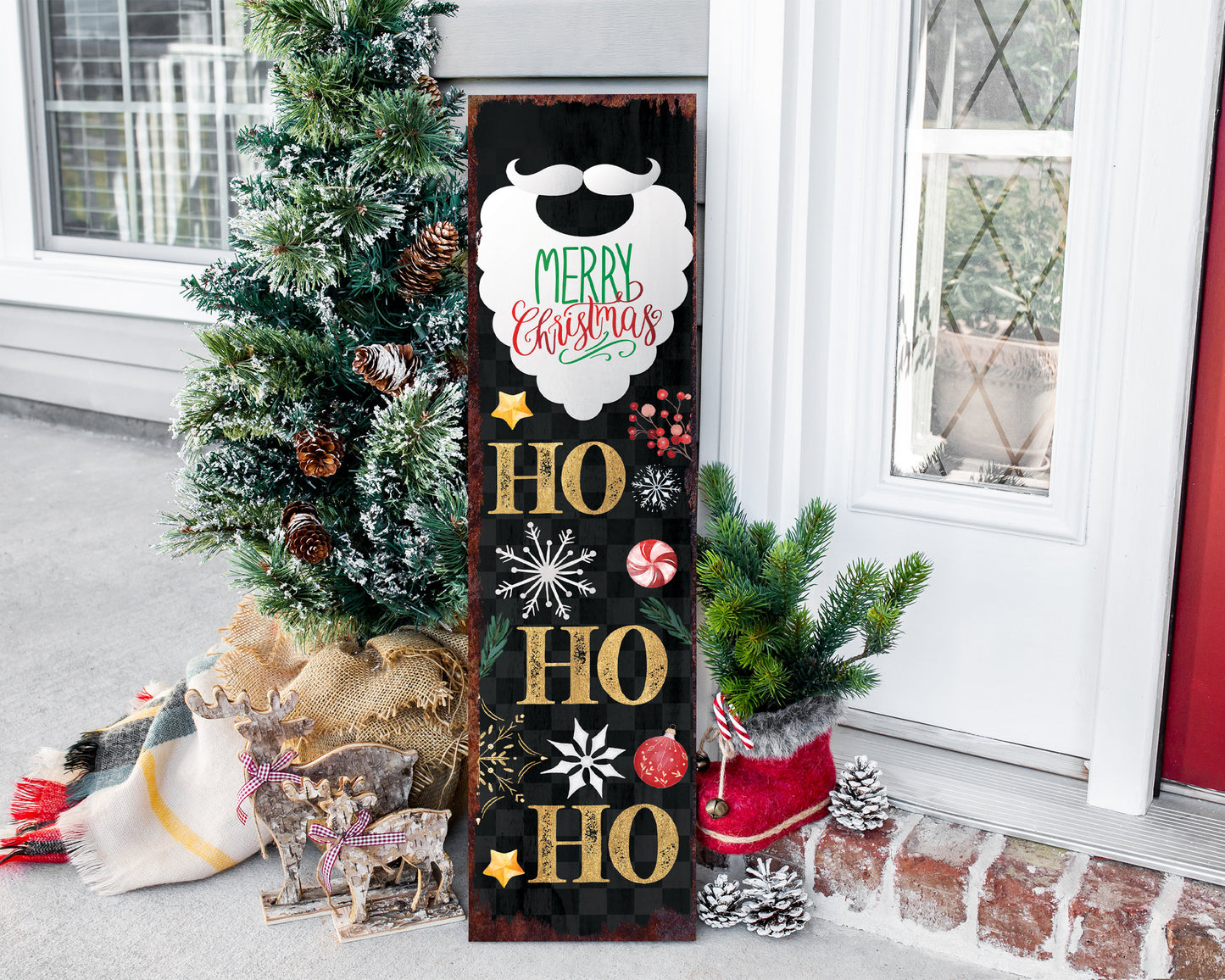36-inch Ho Ho Ho Christmas Porch Sign - Front Porch Christmas Welcome Sign, Rustic Modern Farmhouse Entryway Board