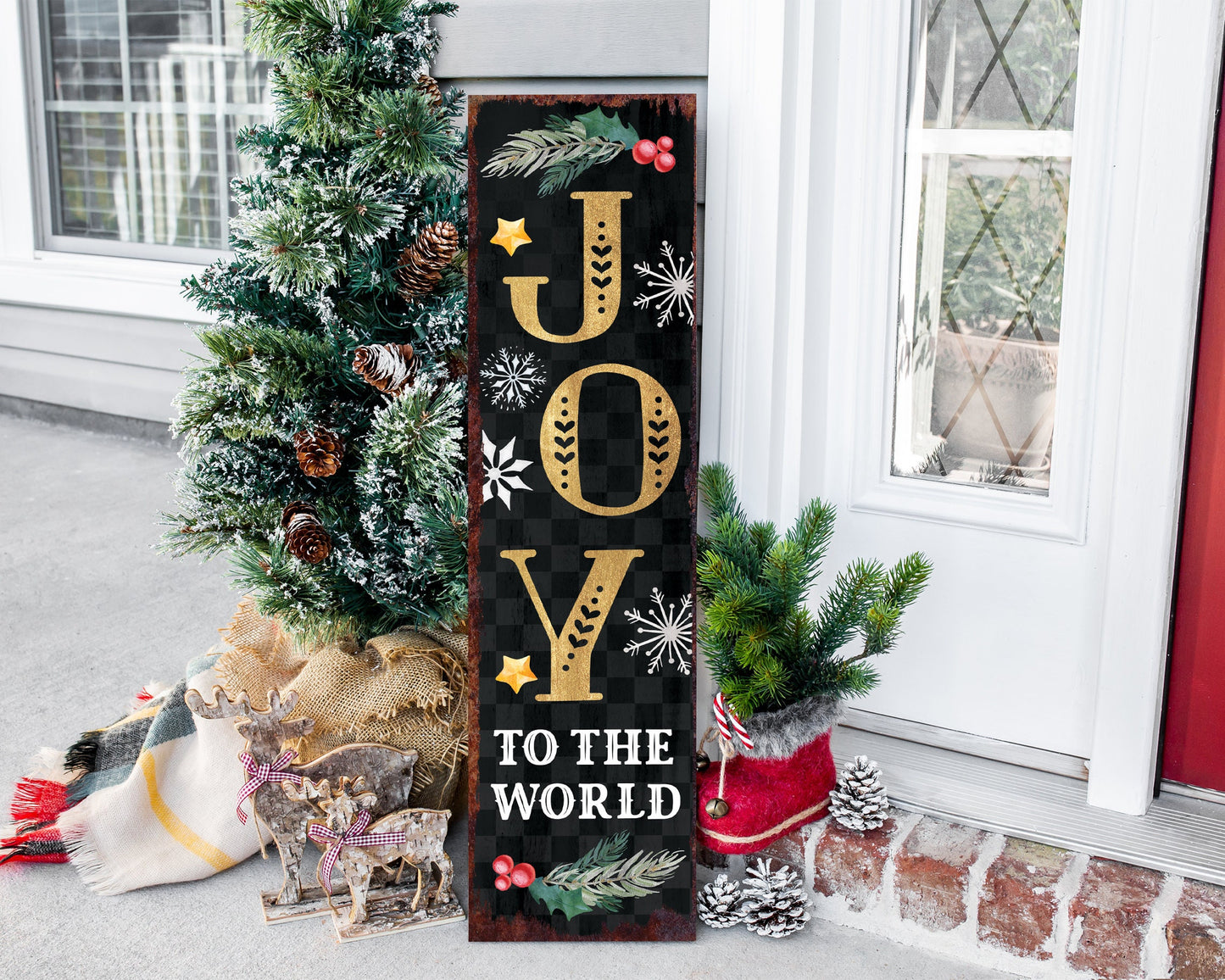 36in Joy to the World Christmas Porch Sign | Front Porch Welcome Sign | Rustic Modern Farmhouse Entryway Board