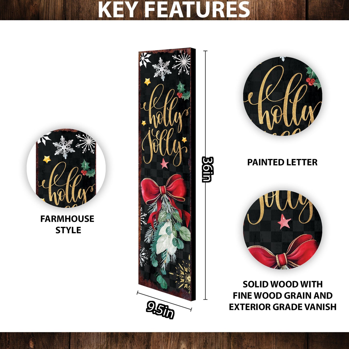 36in Holly Jolly Christmas Porch Sign - Front Porch Christmas Welcome Sign, Rustic Modern Farmhouse Entryway Board