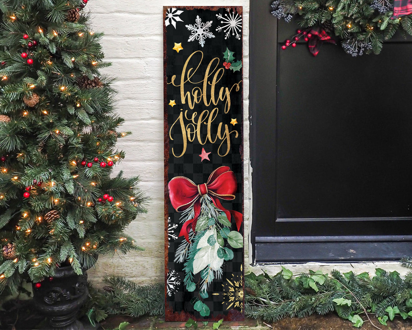 36in Holly Jolly Christmas Porch Sign - Front Porch Christmas Welcome Sign, Rustic Modern Farmhouse Entryway Board