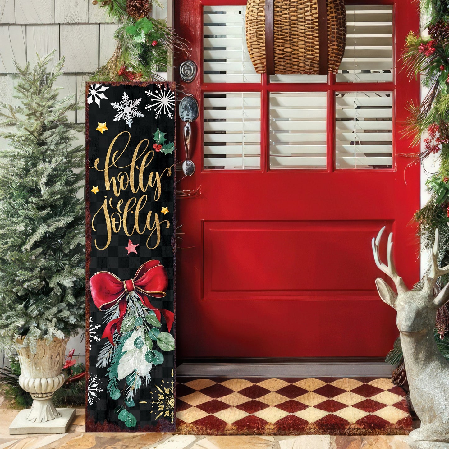 36in Holly Jolly Christmas Porch Sign - Front Porch Christmas Welcome Sign, Rustic Modern Farmhouse Entryway Board