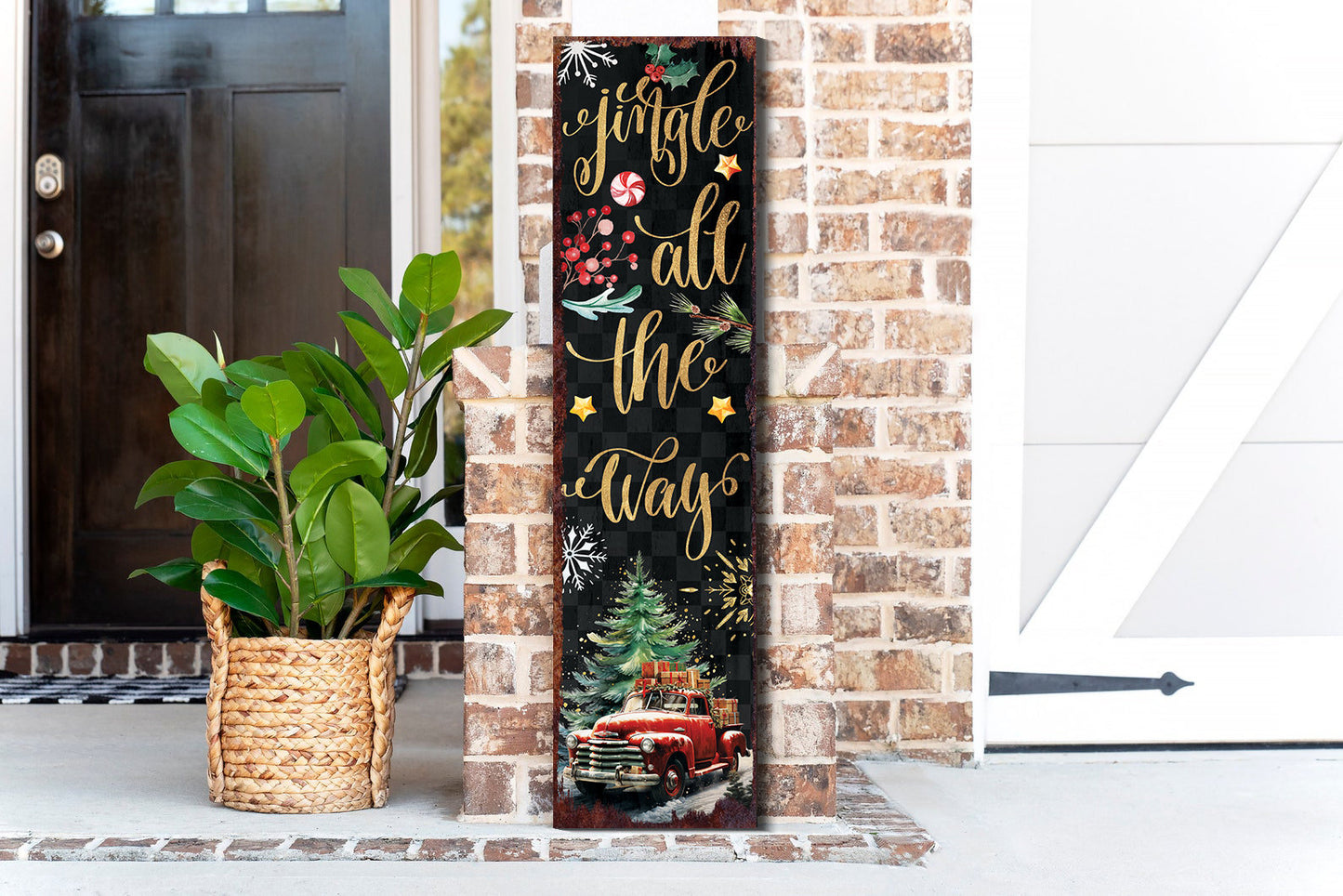 36in Jingle All the Way Christmas Porch Sign - Front Porch Christmas Welcome Sign, Rustic Modern Farmhouse Entryway Board