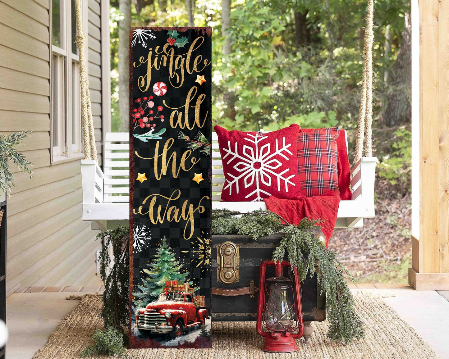 36in Jingle All the Way Christmas Porch Sign - Front Porch Christmas Welcome Sign, Rustic Modern Farmhouse Entryway Board