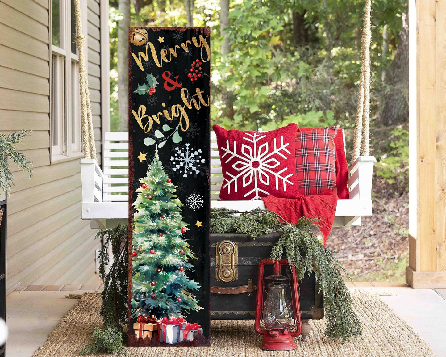 36in Merry & Bright Christmas Porch Sign - Front Porch Christmas Welcome Sign, Modern Farmhouse Entryway Board