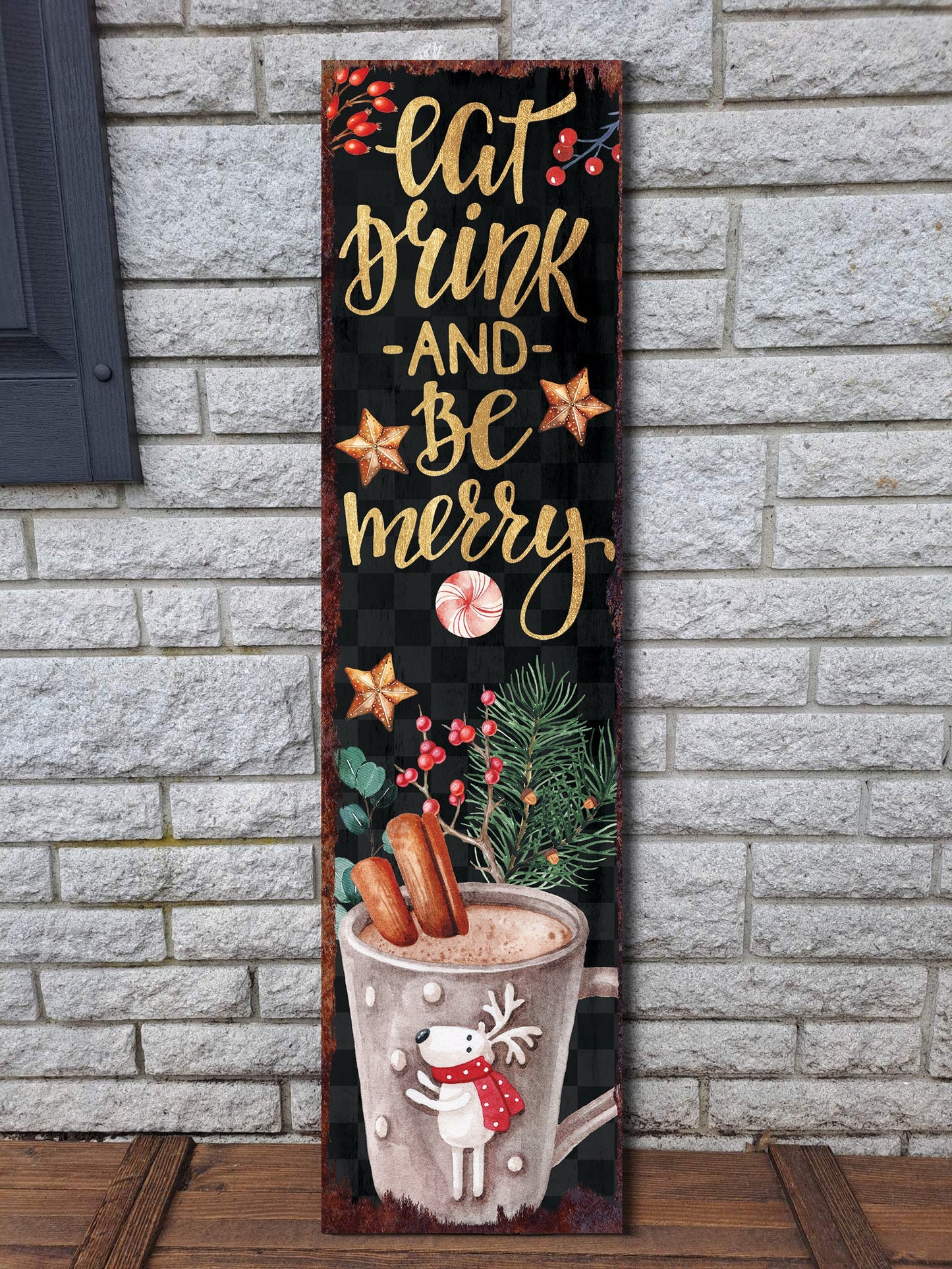 36in Eat, Drink, and Be Merry Christmas Porch Sign - Front Porch Christmas Welcome Sign, Rustic Modern Farmhouse Entryway Board