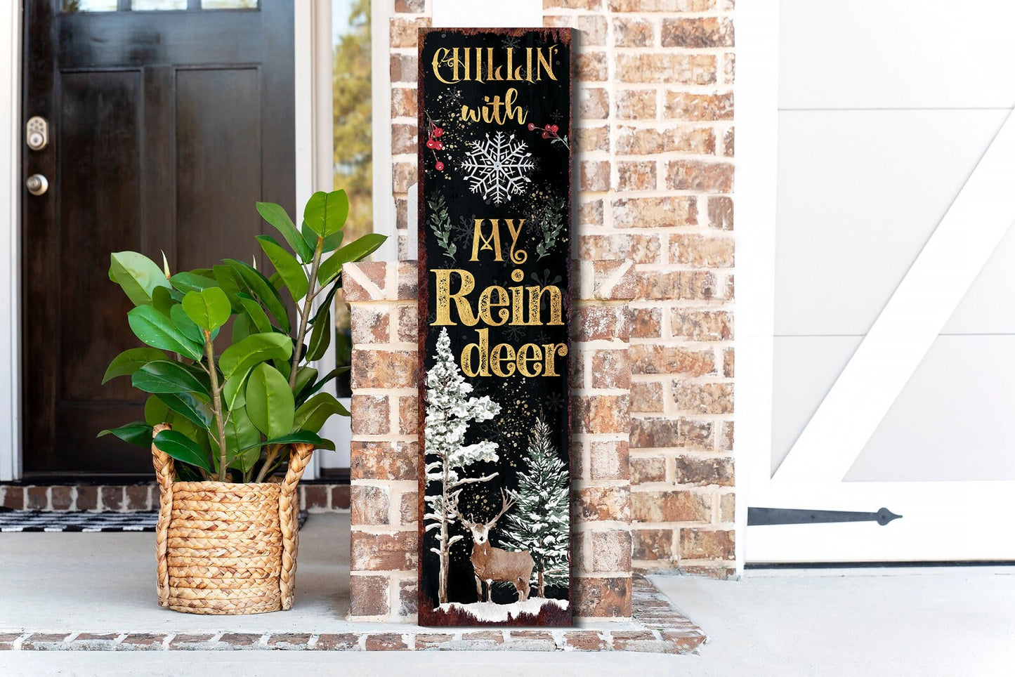 36in "Chillin' with My Reindeer" Christmas Porch Sign - Front Porch Christmas Welcome Sign, Rustic Modern Farmhouse Entryway Board