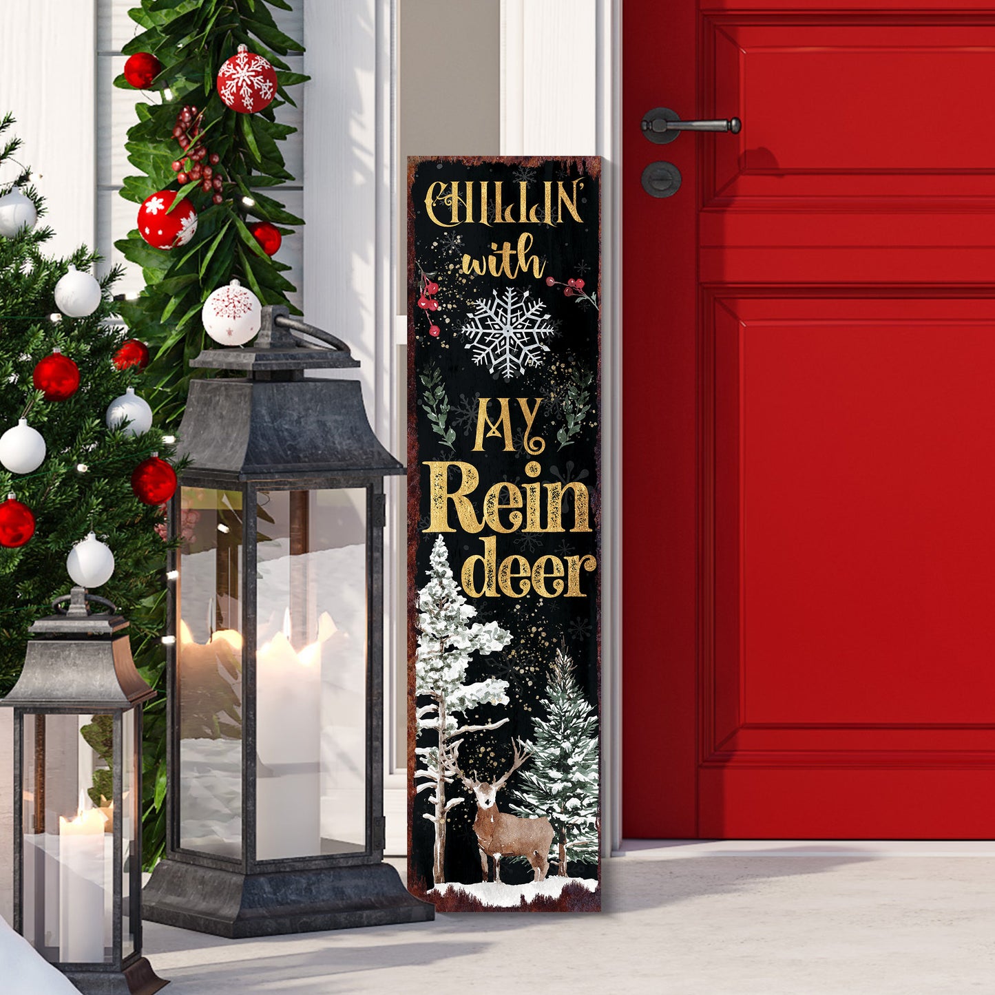 36in "Chillin' with My Reindeer" Christmas Porch Sign - Front Porch Christmas Welcome Sign, Rustic Modern Farmhouse Entryway Board