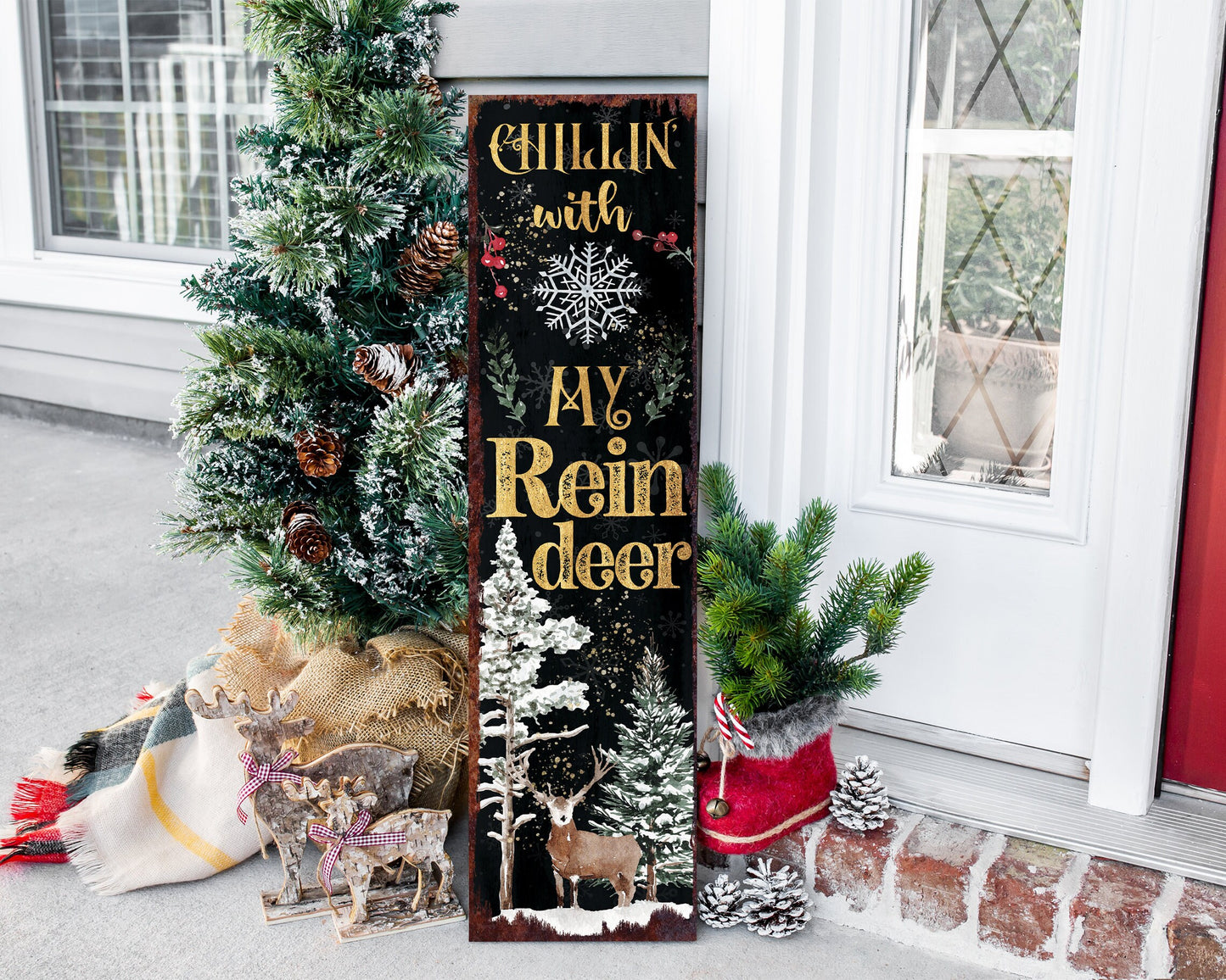 36in "Chillin' with My Reindeer" Christmas Porch Sign - Front Porch Christmas Welcome Sign, Rustic Modern Farmhouse Entryway Board