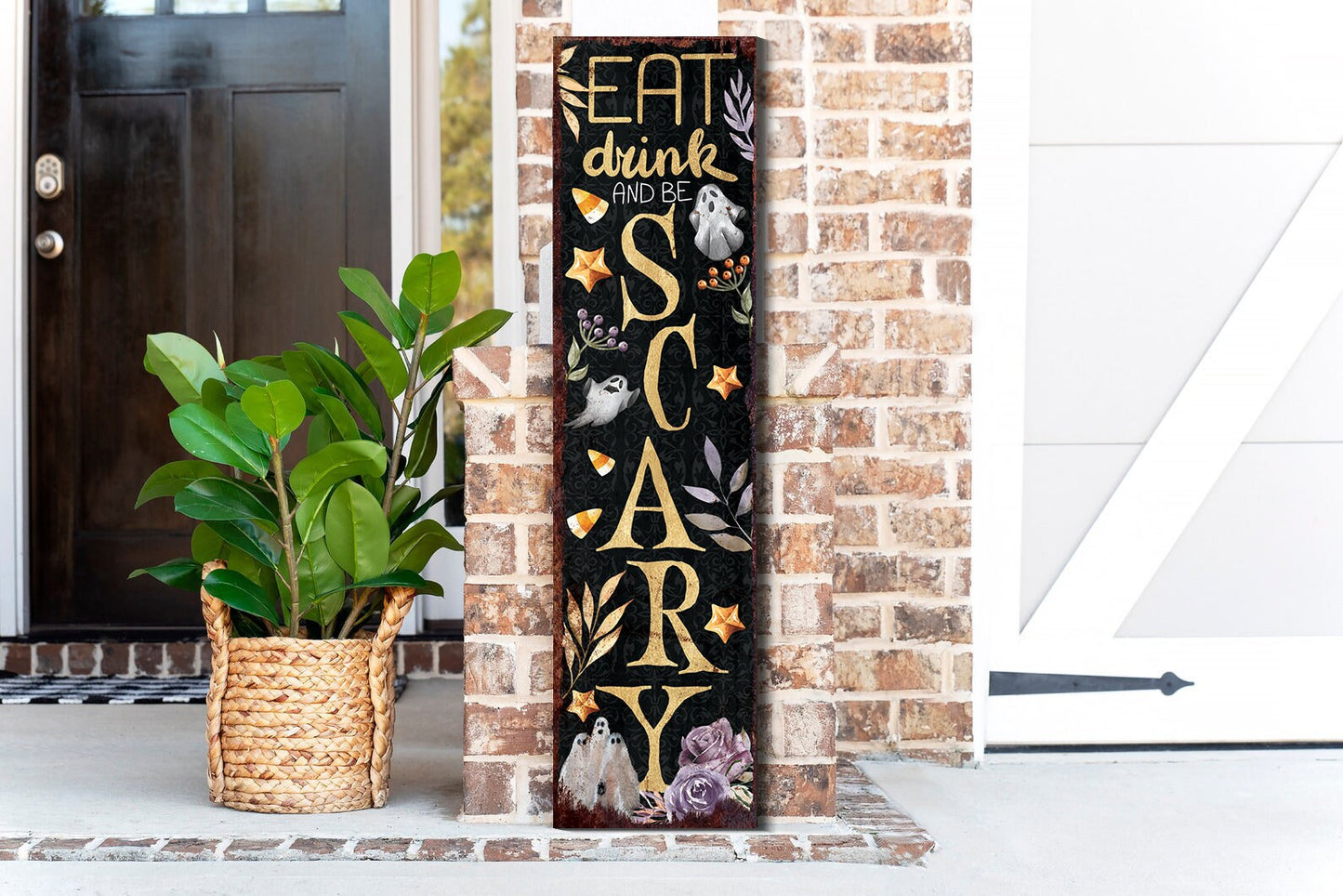 36in Eat, Drink, and Be Scary Halloween Porch Sign - Front Porch Halloween Welcome Sign, Rustic Modern Farmhouse Entryway Board