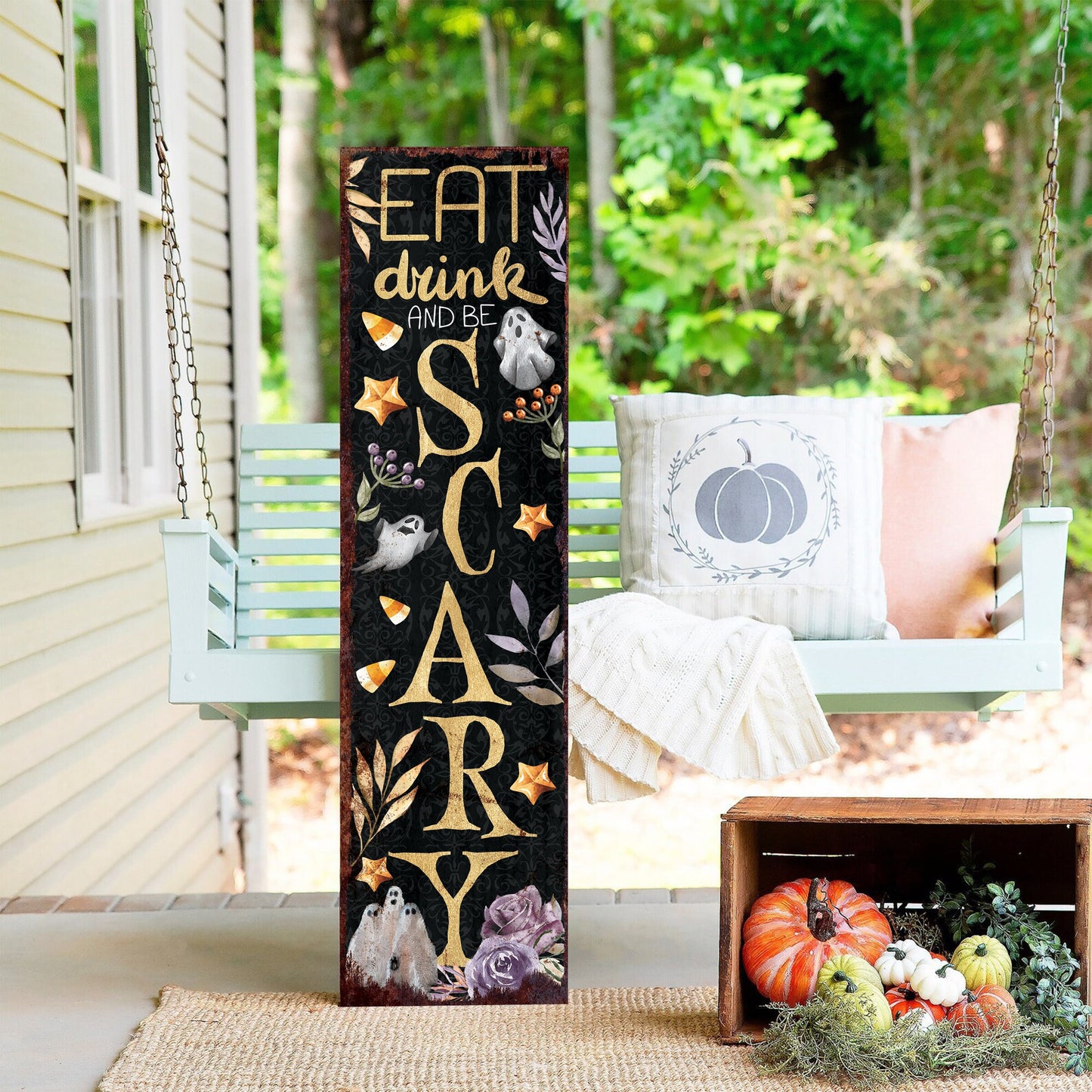 36in Eat, Drink, and Be Scary Halloween Porch Sign - Front Porch Halloween Welcome Sign, Rustic Modern Farmhouse Entryway Board