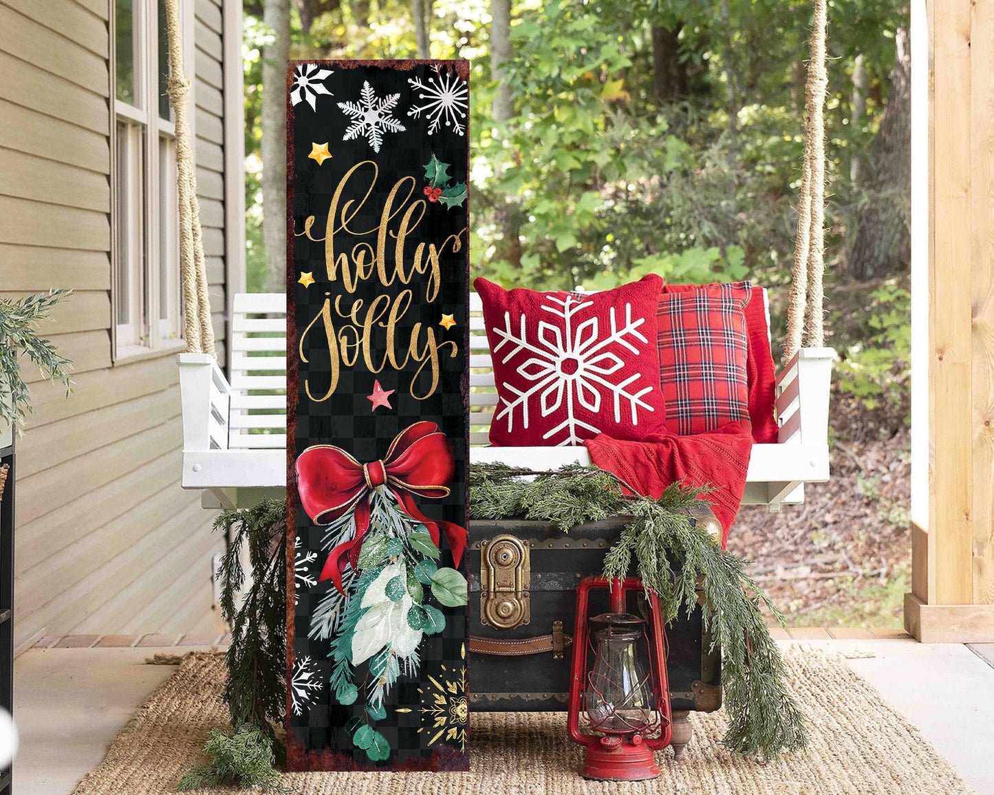 36in Holly Jolly Christmas Porch Sign - Front Porch Christmas Welcome Sign, Rustic Modern Farmhouse Entryway Board