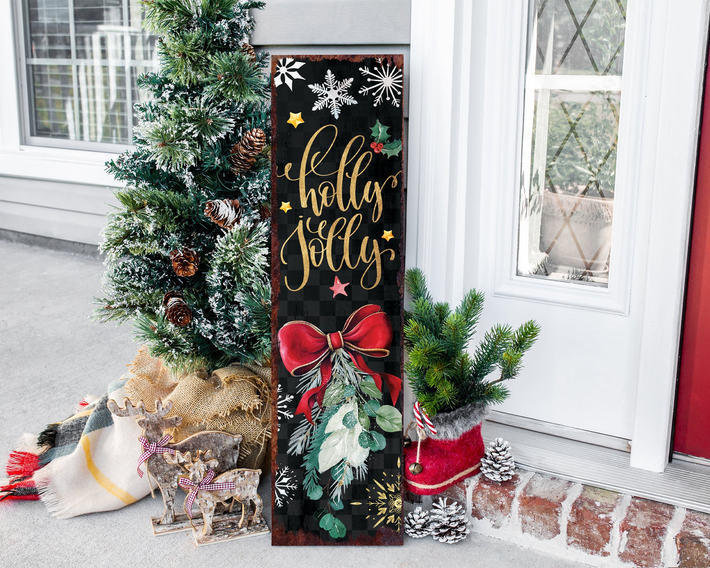 36in Holly Jolly Christmas Porch Sign - Front Porch Christmas Welcome Sign, Rustic Modern Farmhouse Entryway Board