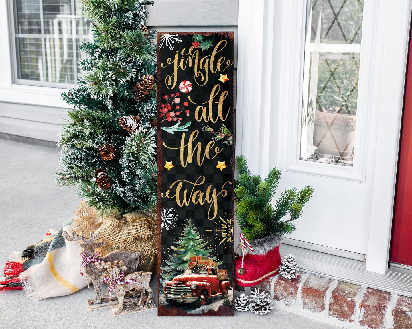 36in Jingle All the Way Christmas Porch Sign - Front Porch Christmas Welcome Sign, Rustic Modern Farmhouse Entryway Board