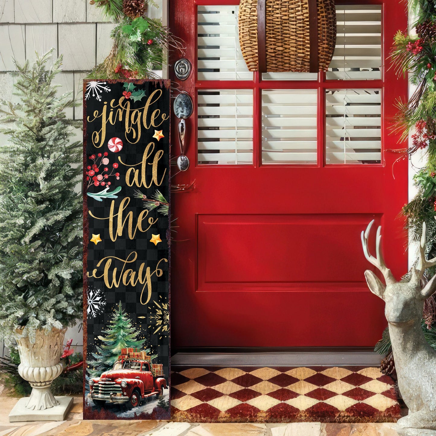 36in Jingle All the Way Christmas Porch Sign - Front Porch Christmas Welcome Sign, Rustic Modern Farmhouse Entryway Board