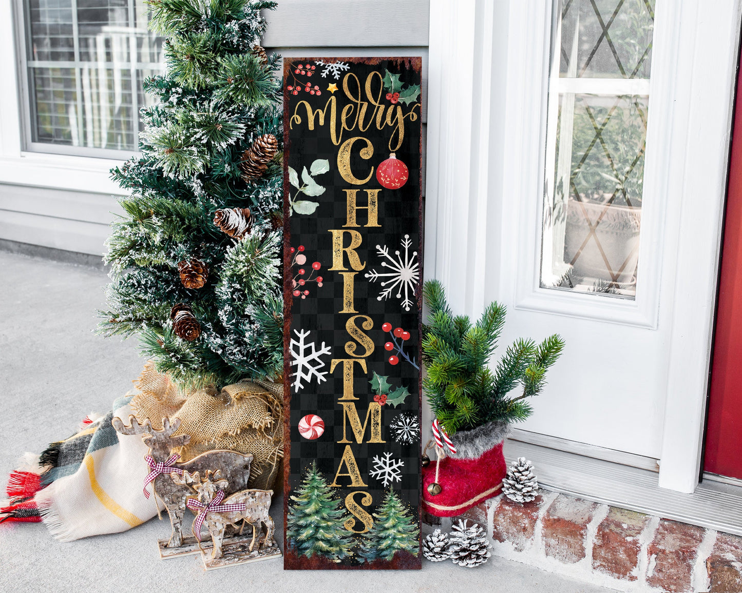 36in 'Merry Christmas' Porch Sign - Front Porch Christmas Welcome Sign, Rustic Modern Farmhouse Entryway Home Decor