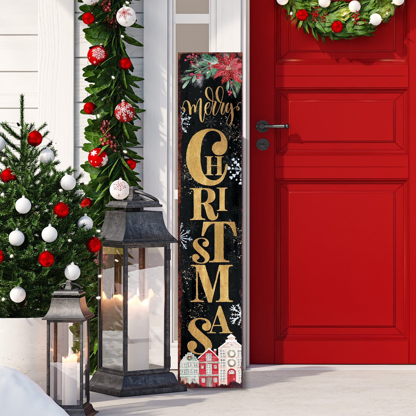 48in Merry Christmas Porch Sign - Front Porch Christmas Welcome Sign, Rustic Modern Farmhouse Entryway Board