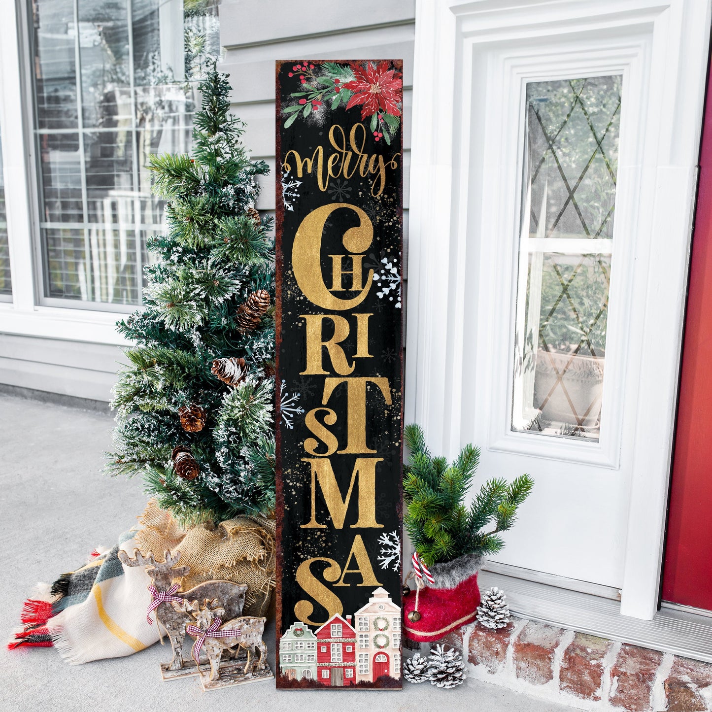 48in Merry Christmas Porch Sign - Front Porch Christmas Welcome Sign, Rustic Modern Farmhouse Entryway Board