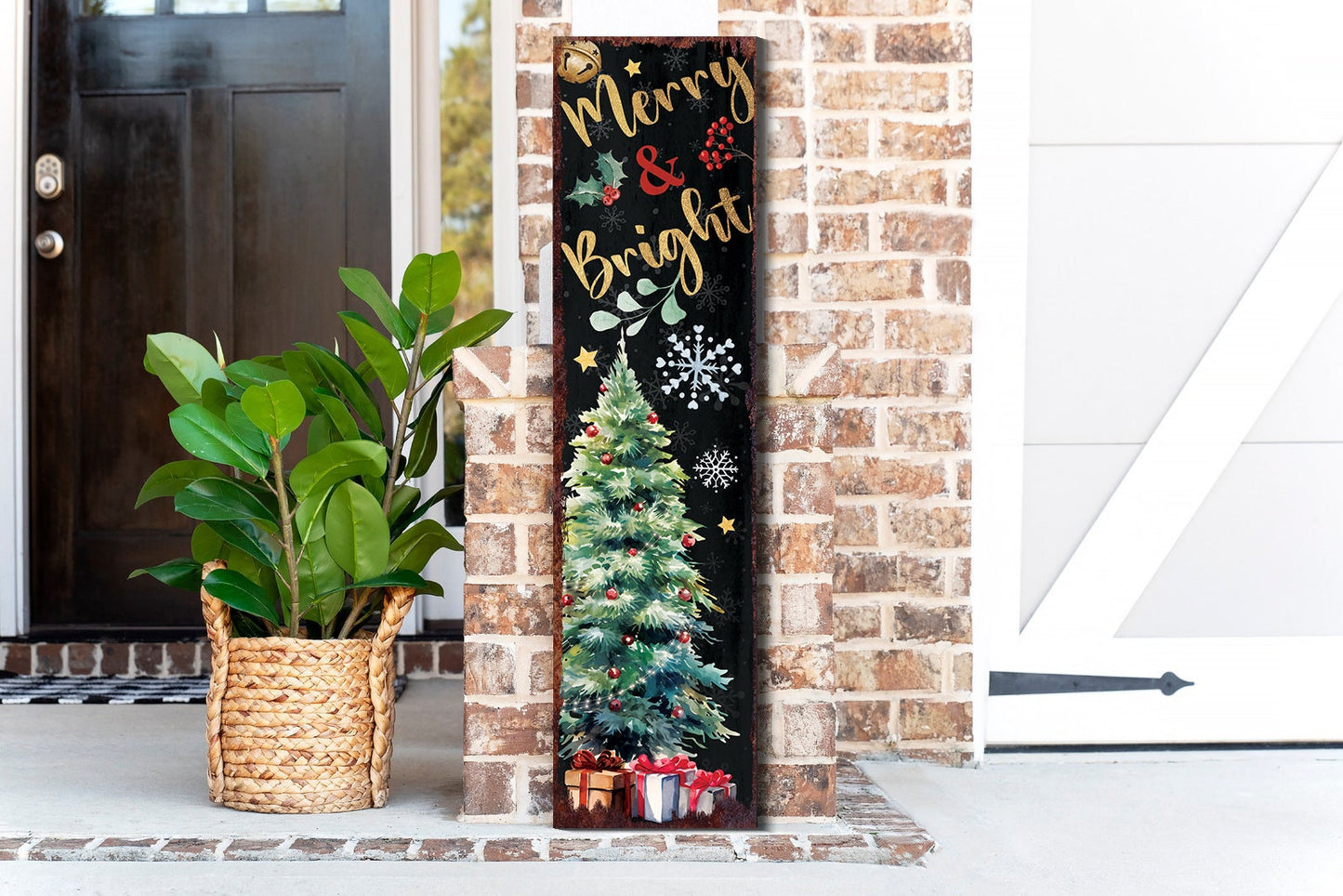 36in Merry & Bright Christmas Porch Sign - Front Porch Christmas Welcome Sign, Modern Farmhouse Entryway Board